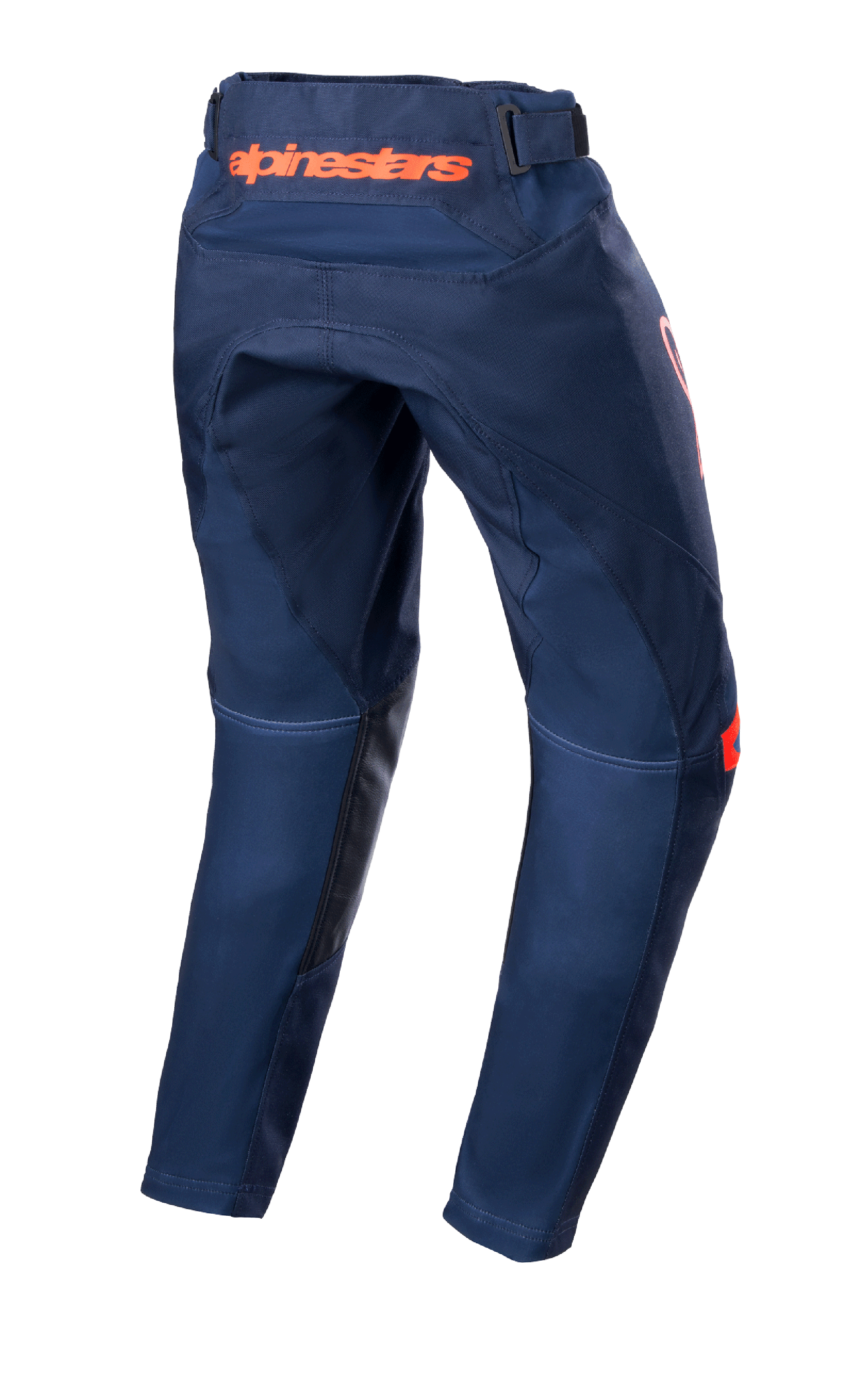 Alpinestars Youth 2023 Racer Narin Pants, Motocross Pants, Night Navy and Hot Orange, rear view showing orange Alpinestars branding on the waist and black leather inner leg reinforcements, durable textile design for off-road riding
