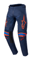 Alpinestars 2023 Youth Racer Narin Pants, Motocross Pants, Night Navy and Hot Orange, featuring bright orange logo graphics on thighs and knees, blue accents, black inner leg panels, durable textile construction for off-road racing