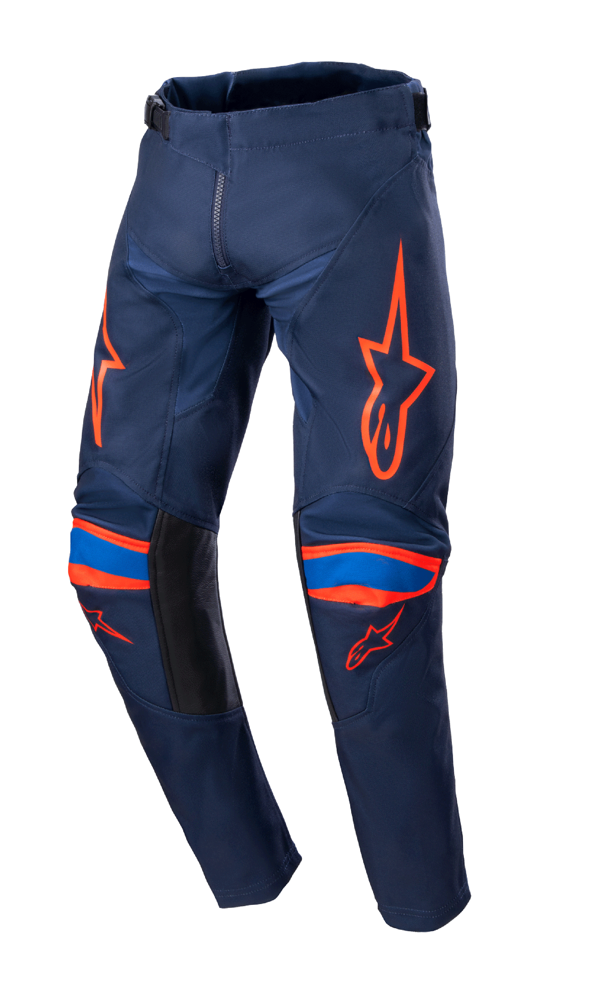 Alpinestars 2023 Youth Racer Narin Pants, Motocross Pants, Night Navy and Hot Orange, featuring bright orange logo graphics on thighs and knees, blue accents, black inner leg panels, durable textile construction for off-road racing