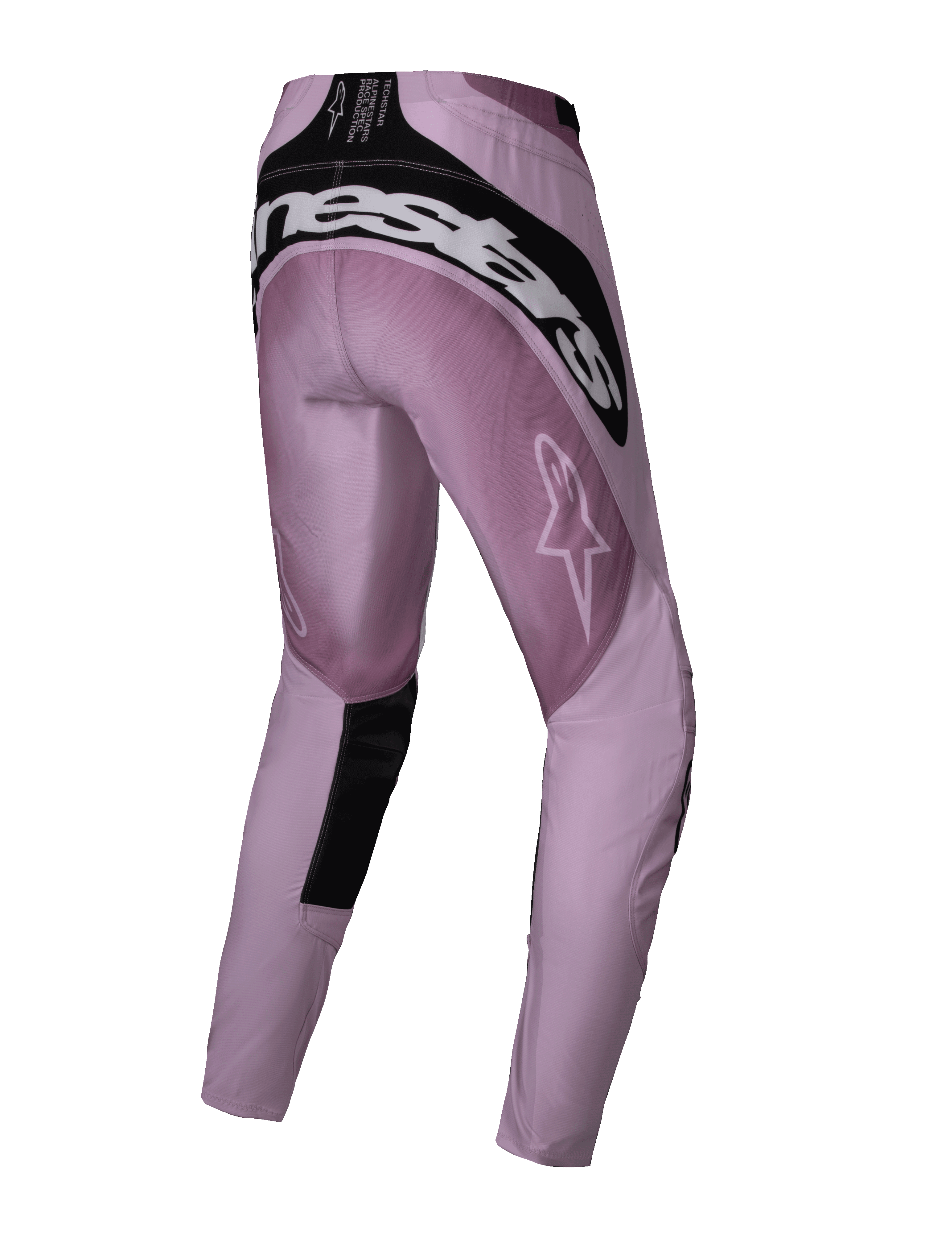 Alpinestars 2025 Woman Stella Techstar Melt Pants, Motocross Pants, Blush and Black, rear three-quarter view showing white Alpinestars branding on the back yoke, pink ripstop fabric with black accents, designed for performance off-road racing