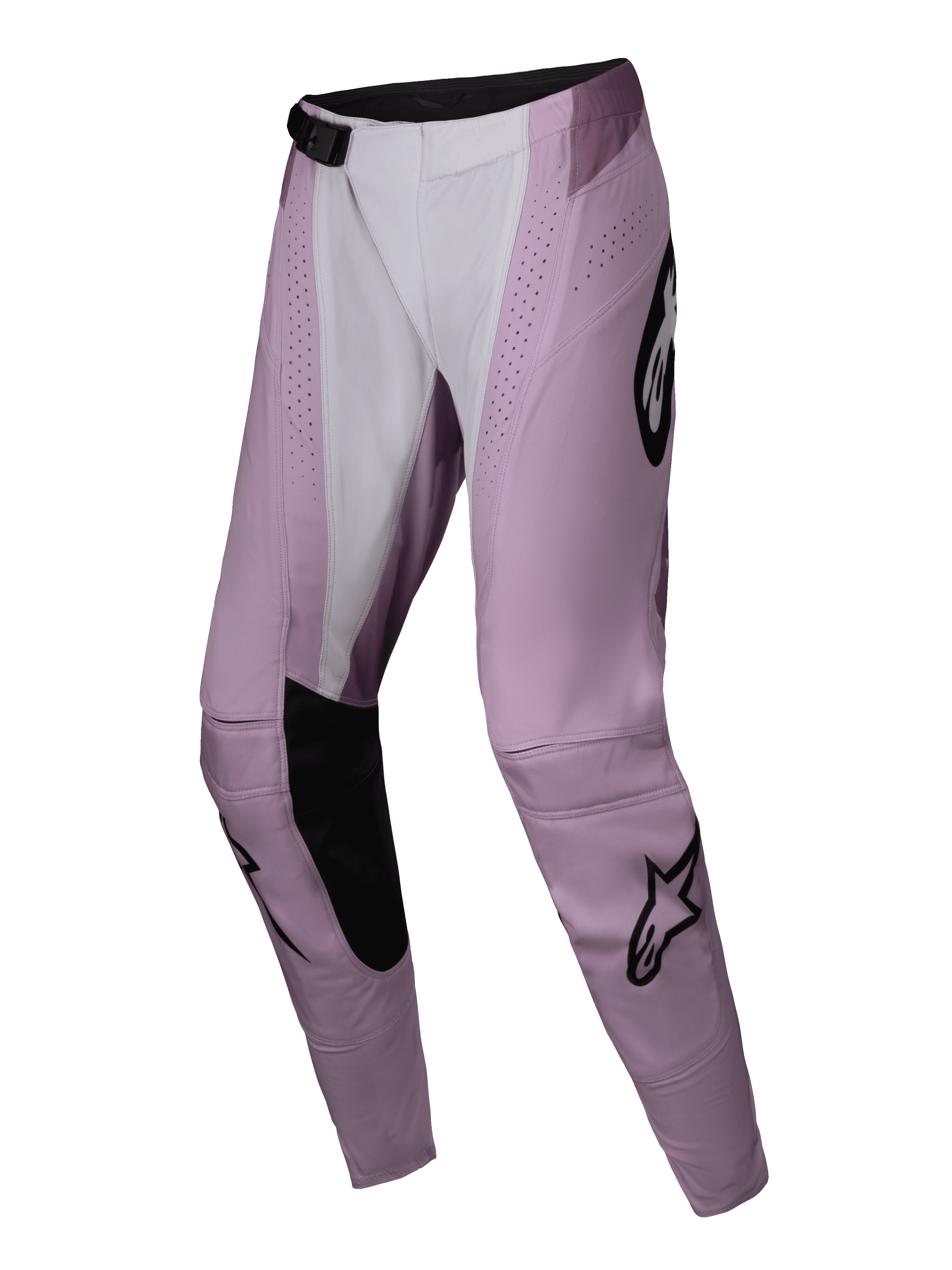 Alpinestars 2025 Stella Techstar Melt Pants, Women's Motocross Pants, Blush and White with Black accents, featuring laser-cut perforations, reinforced inner knees, and iconic black star logos, designed for high-performance off-road racing