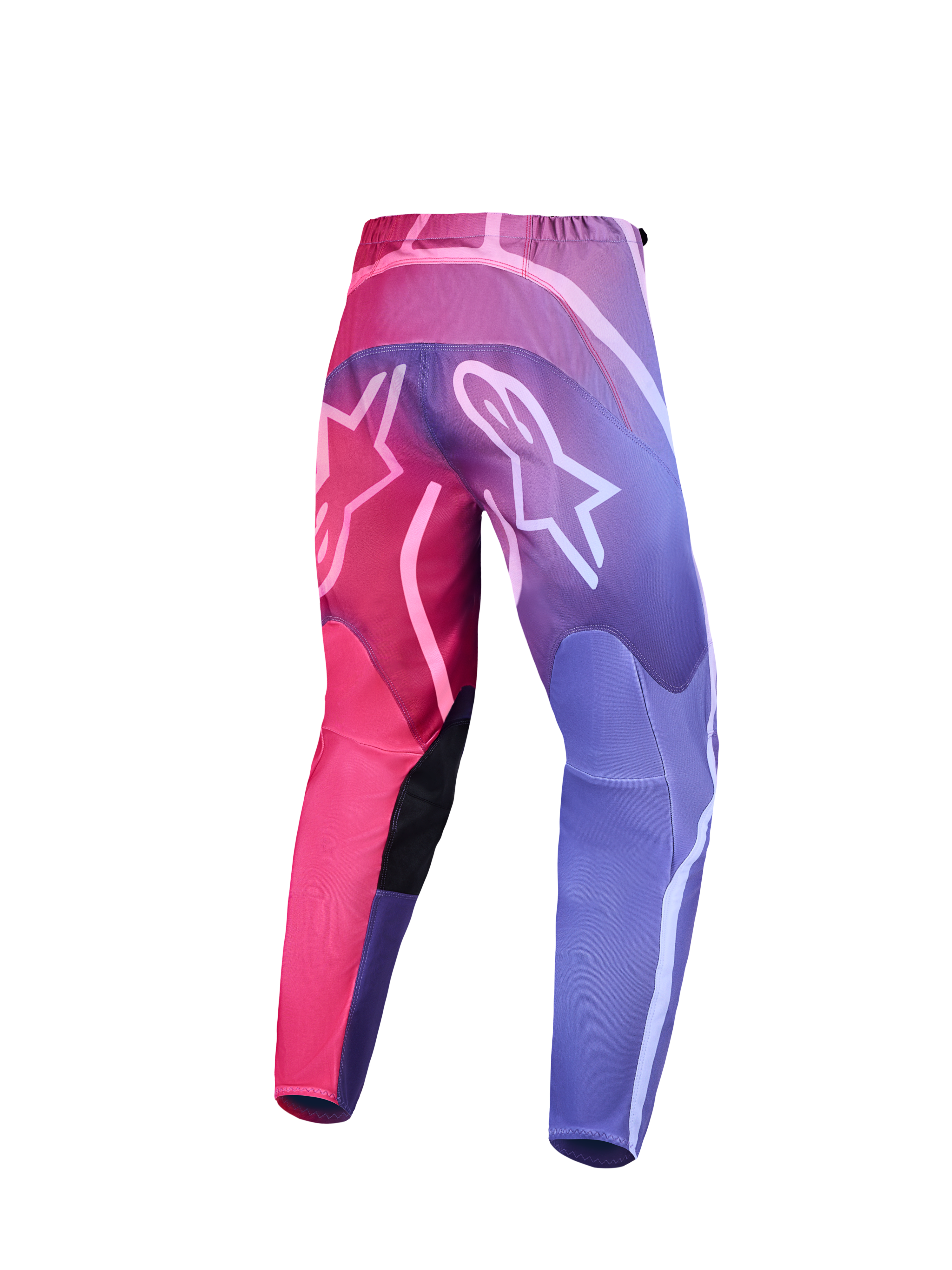 Alpinestars Stella Fluid Kepler Women's Motocross Pants, pink and purple gradient back view with white Astar logos.