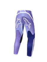 Alpinestars 2026 Stella Fluid Apex Pants, Women's Motocross Pants, Violet and White, back view featuring large white Alpinestars logos on the seat, dark blue panels and black inner knee grips, sport-fit design for off-road riding