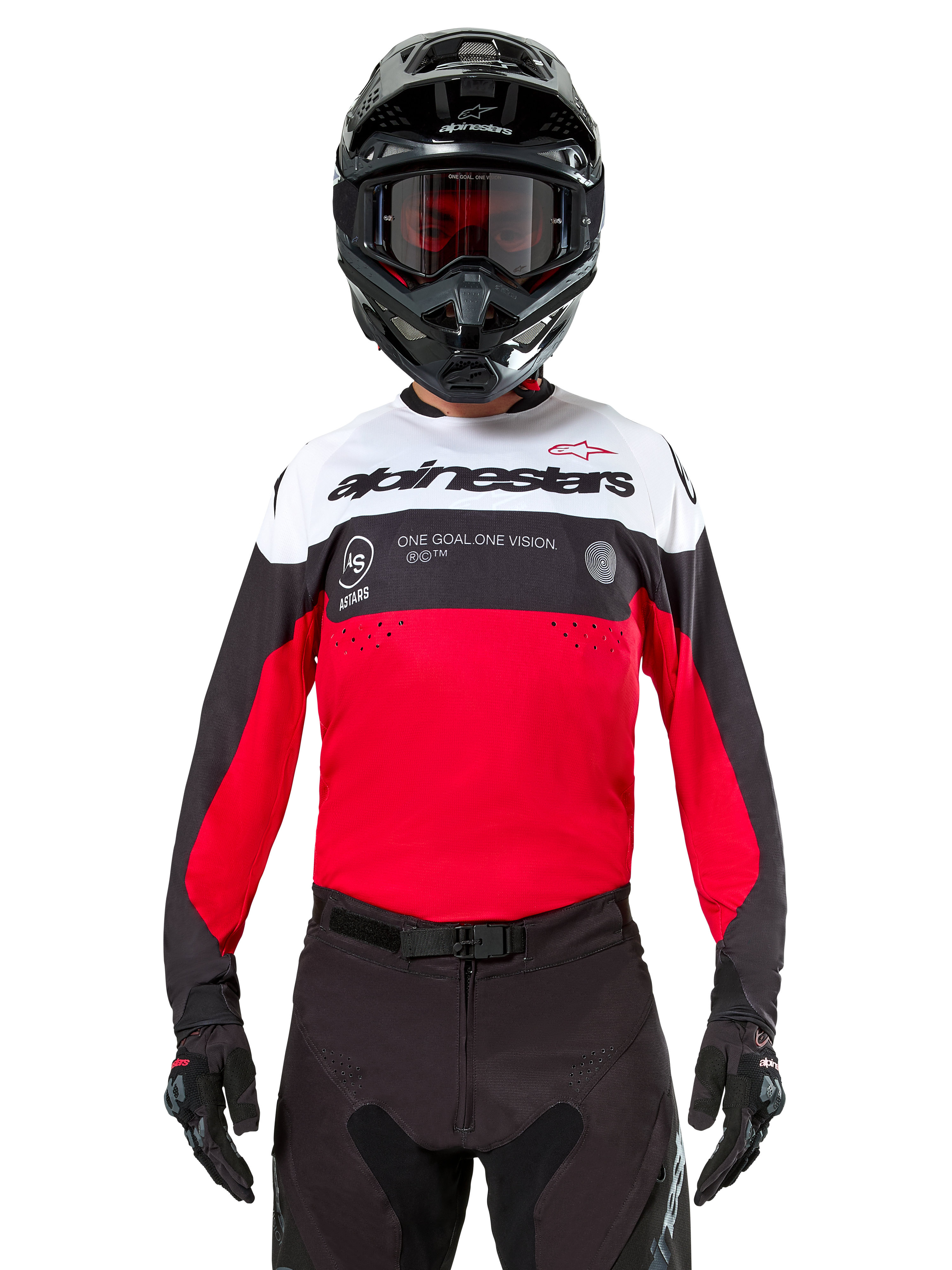 Alpinestars Pro-Dura Jersey, Motocross Jersey, Black Bright Red and White, worn with black helmet and goggles, sporty design with bold Alpinestars branding and laser perforations, performance enduro and off-road racing gear