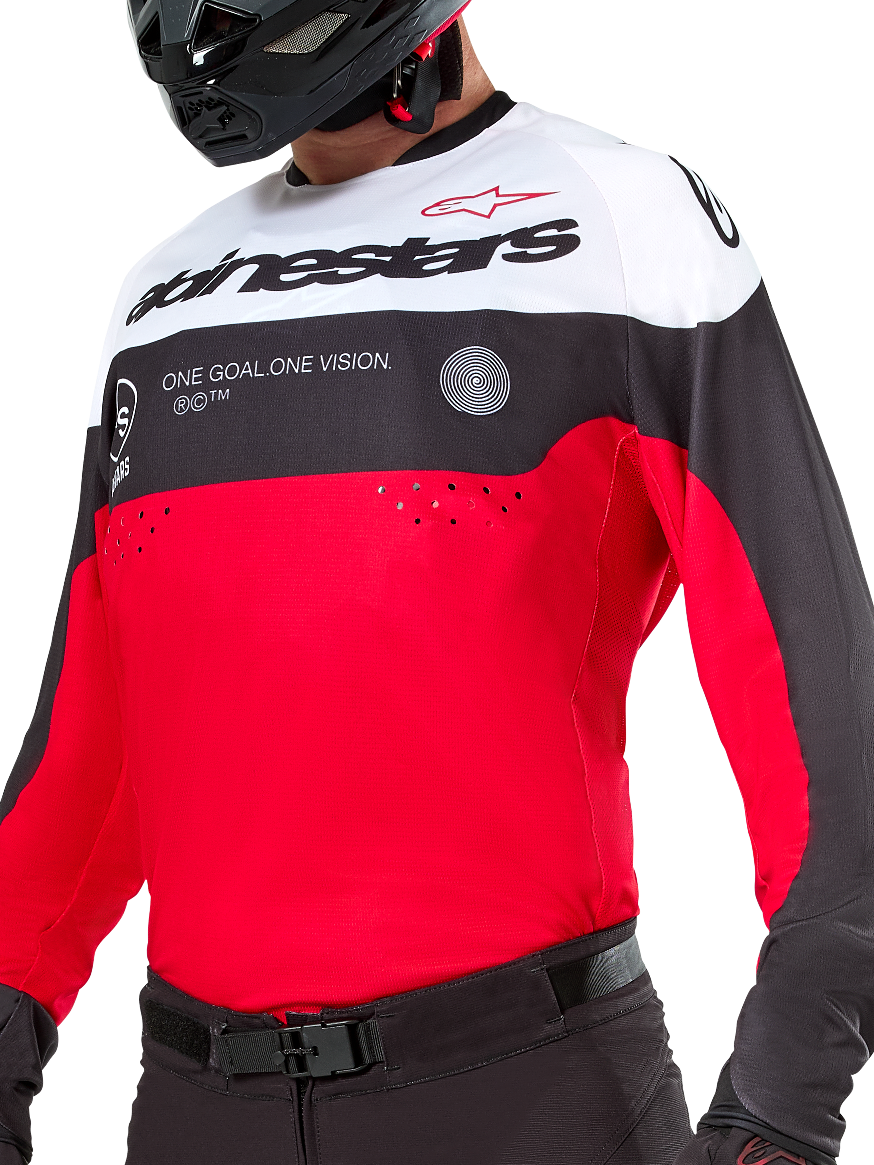 Alpinestars Pro-Dura Jersey, Motocross and Enduro Jersey, Black Bright Red and White, featuring 'ONE GOAL. ONE VISION.' graphic and laser perforations on the chest, worn with black motocross pants and helmet.