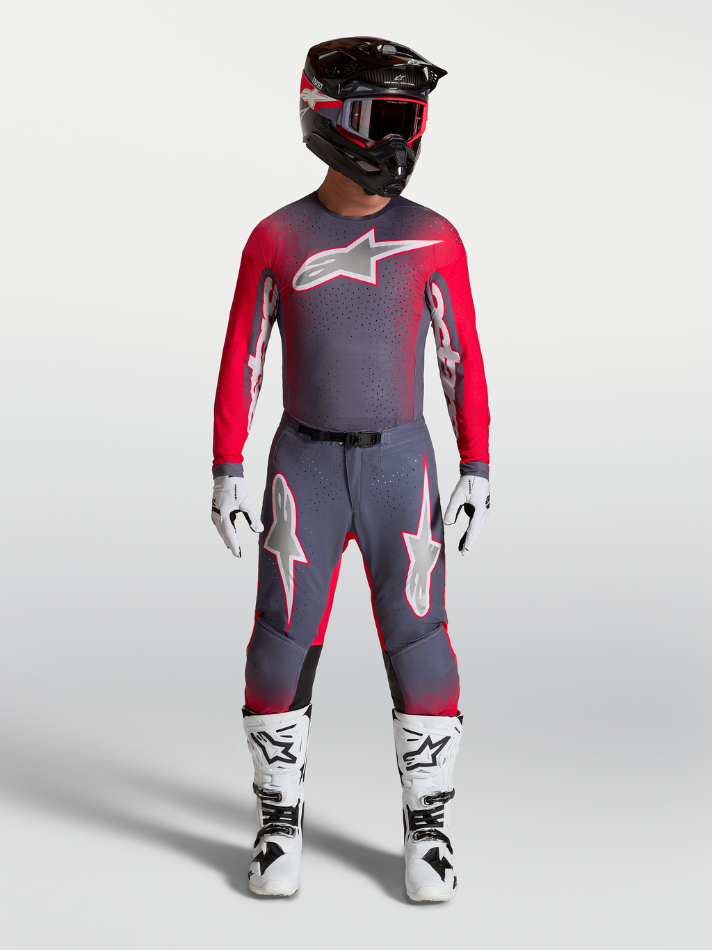 Alpinestars Supertech Hiten AFD Jersey in Graystone and Red Fluo, motocross racing gear with athletic fit and ventilated mesh.