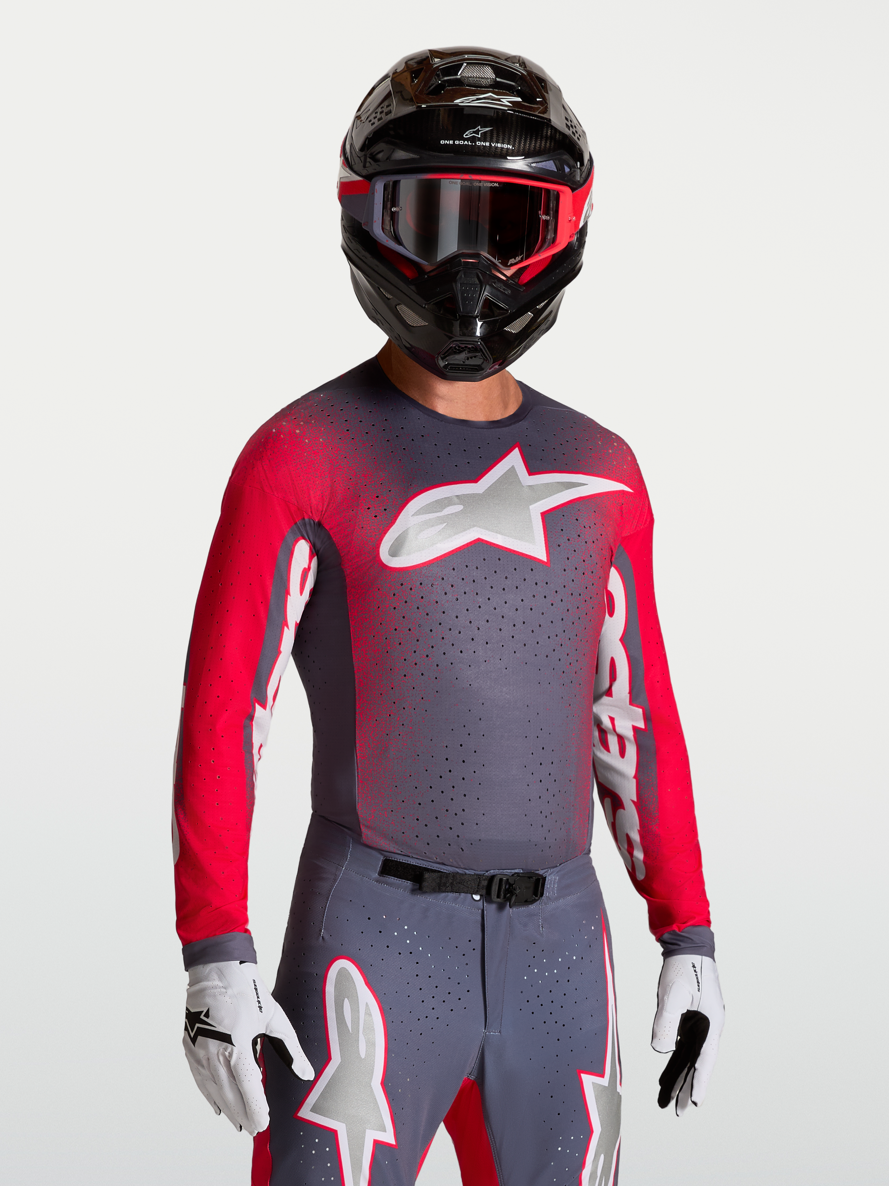 Alpinestars Supertech Hiten AFD Jersey, Men's Motocross racing top in Graystone and Red Fluo with breathable vented mesh.