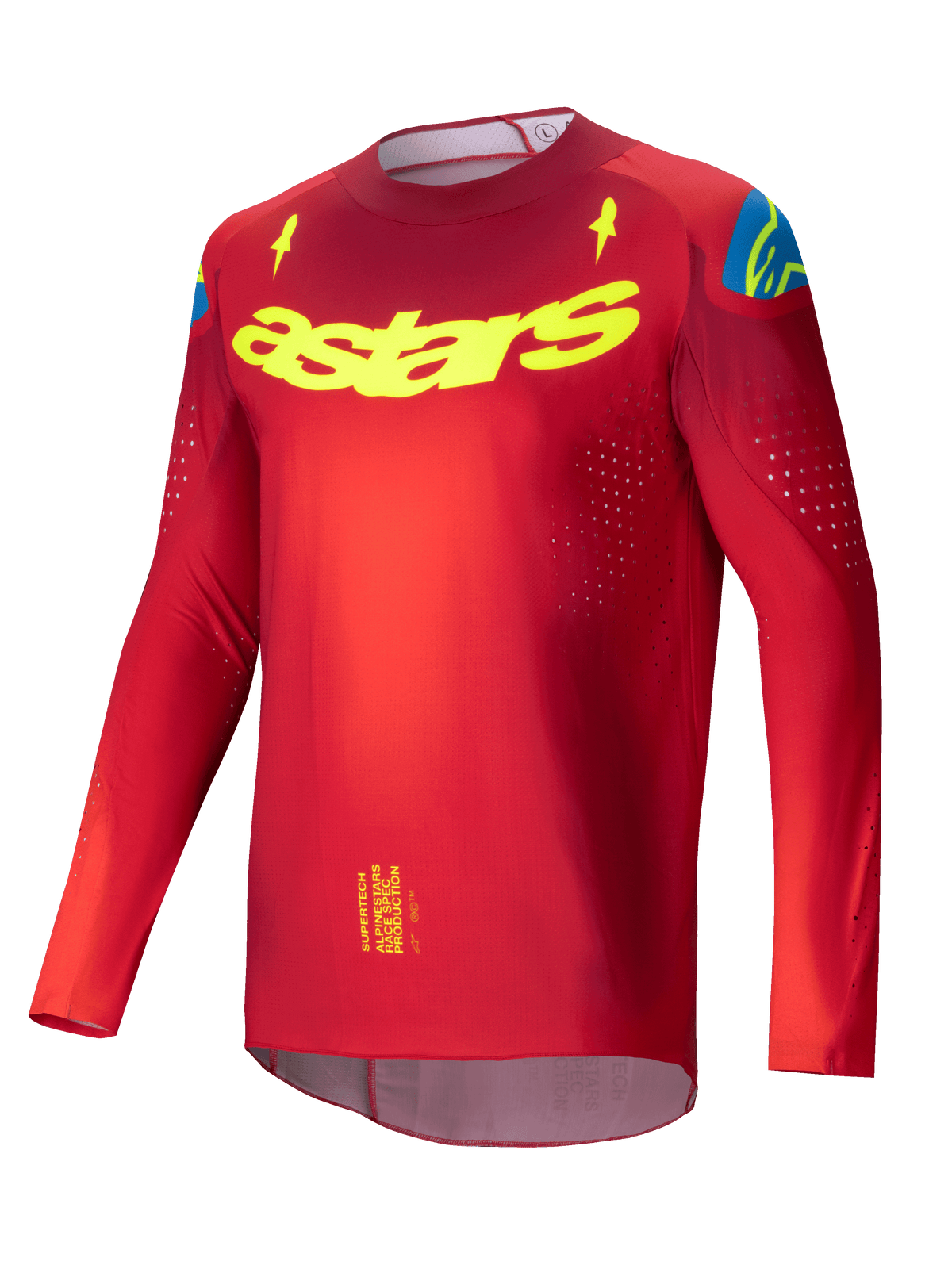 Alpinestars 2025 Supertech Maker Jersey, Pro Level Motocross Jersey for Men in Bright Red and Yellow Fluo, lightweight stretch mesh with laser-cut ventilation perforations