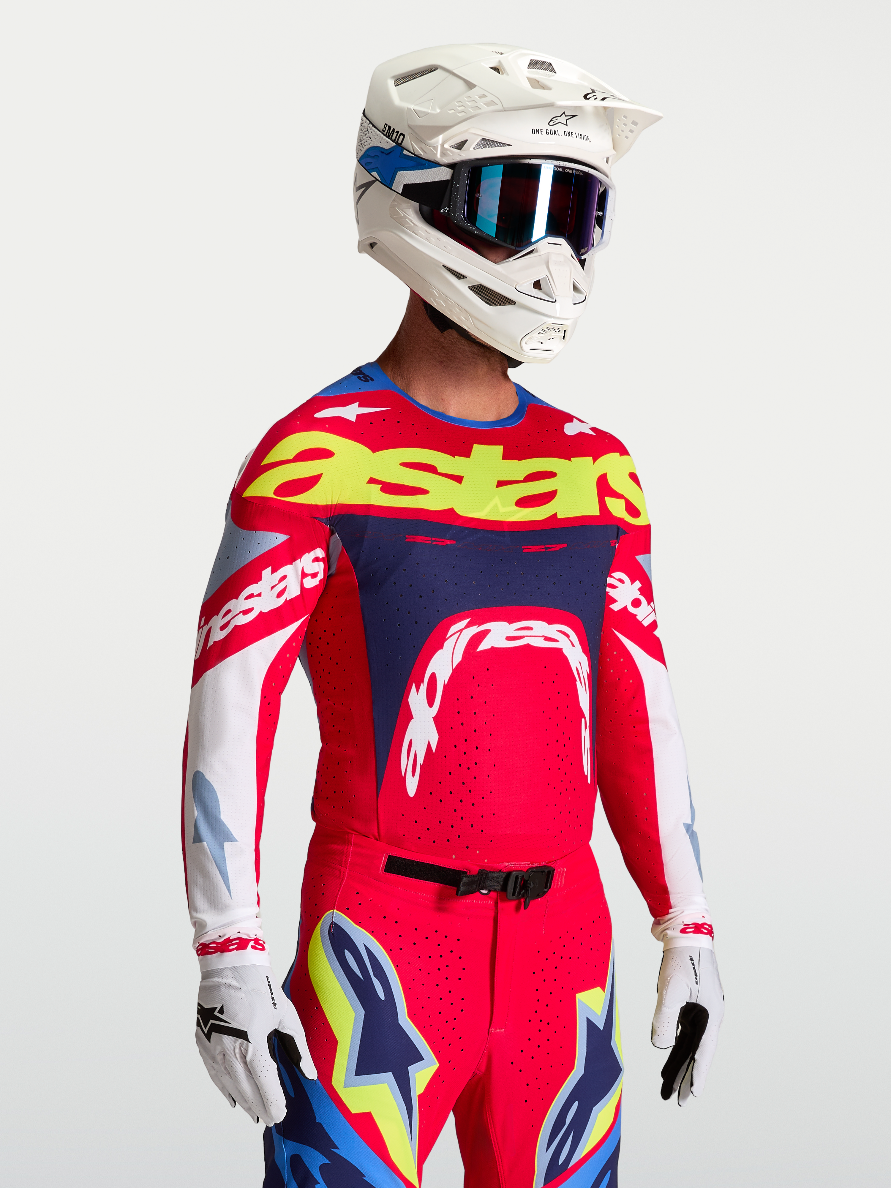 Alpinestars Supertech Dyna Jersey, Men's Motocross Racing Jersey, Fire Red and Navy Blue with ventilated stretch mesh panels.