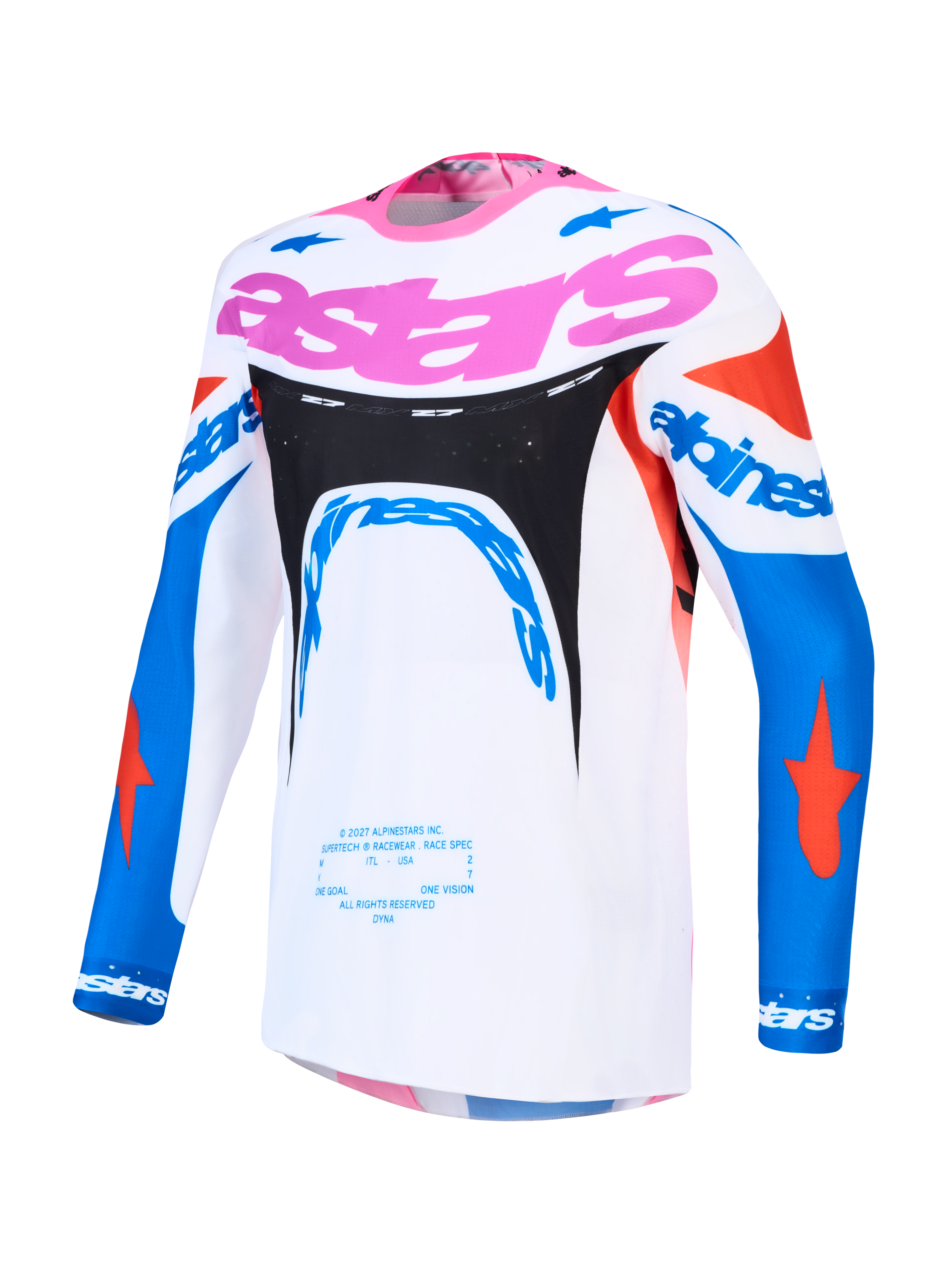 Alpinestars Supertech Dyna Men's Motocross Jersey, White and Blue with Pink, lightweight breathable stretch mesh.