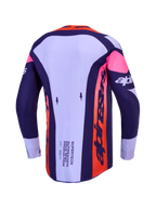 Alpinestars Supertech Dyna Jersey, purple and pink fluo motocross racing top, back view showing ventilated stretch mesh.