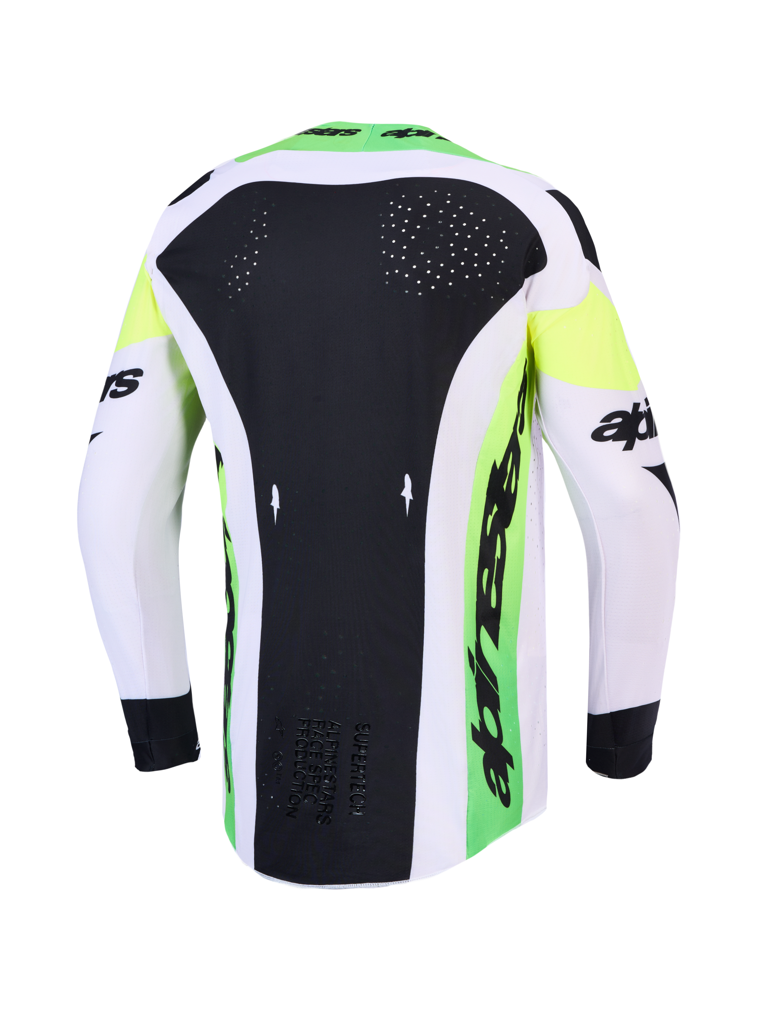 Alpinestars 2027 Supertech Dyna Jersey, back view, green fluo and black motocross jersey with laser-cut ventilation mesh.