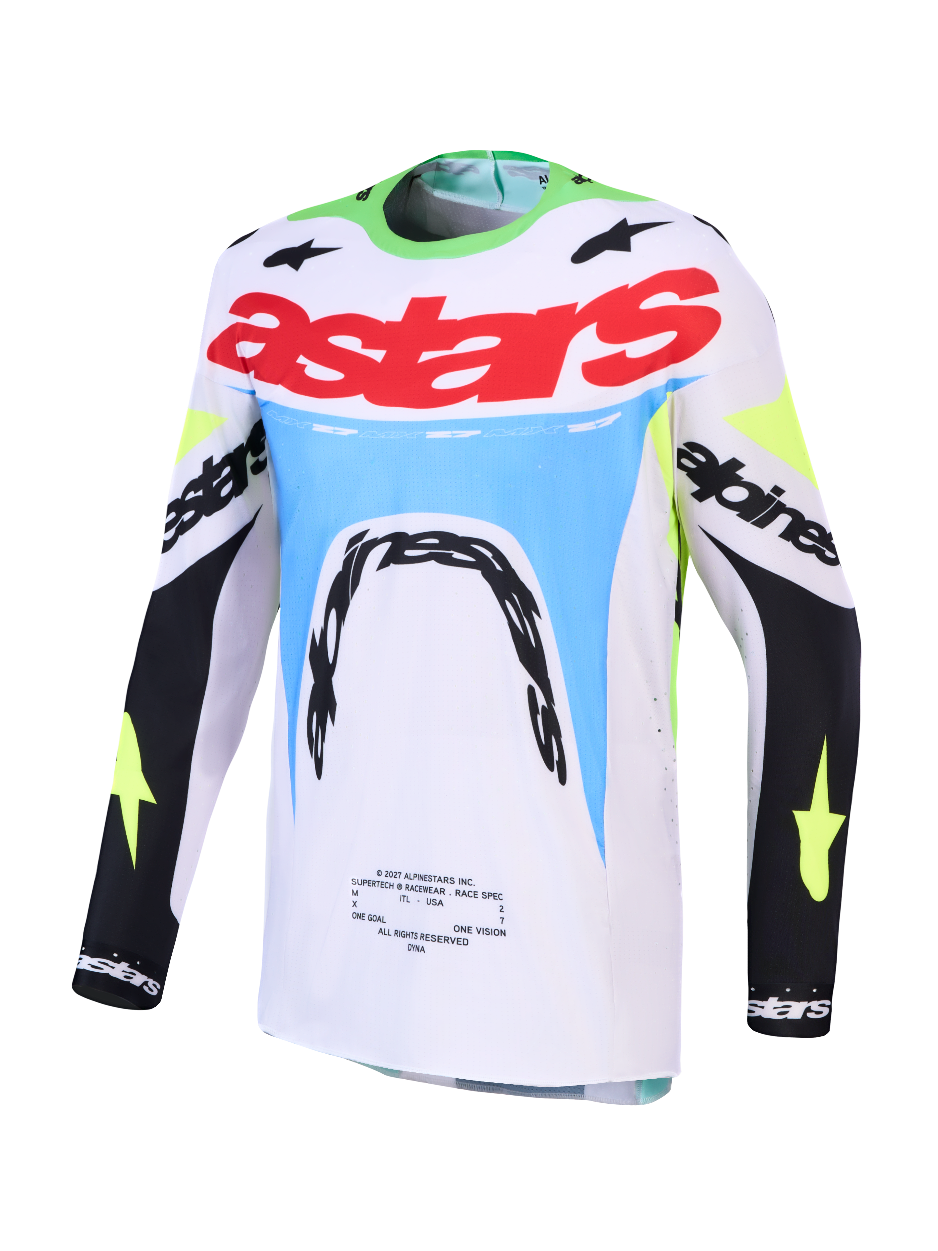 Alpinestars 2027 Supertech Dyna Motocross Jersey in Green Fluo and Black, featuring a breathable stretch mesh race fit.