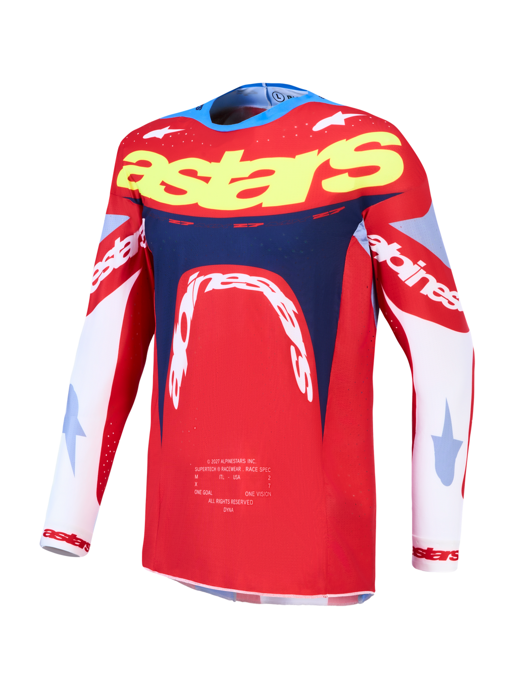 Alpinestars Supertech Dyna Jersey, men's red and navy blue motocross racing jersey with lightweight stretch mesh.