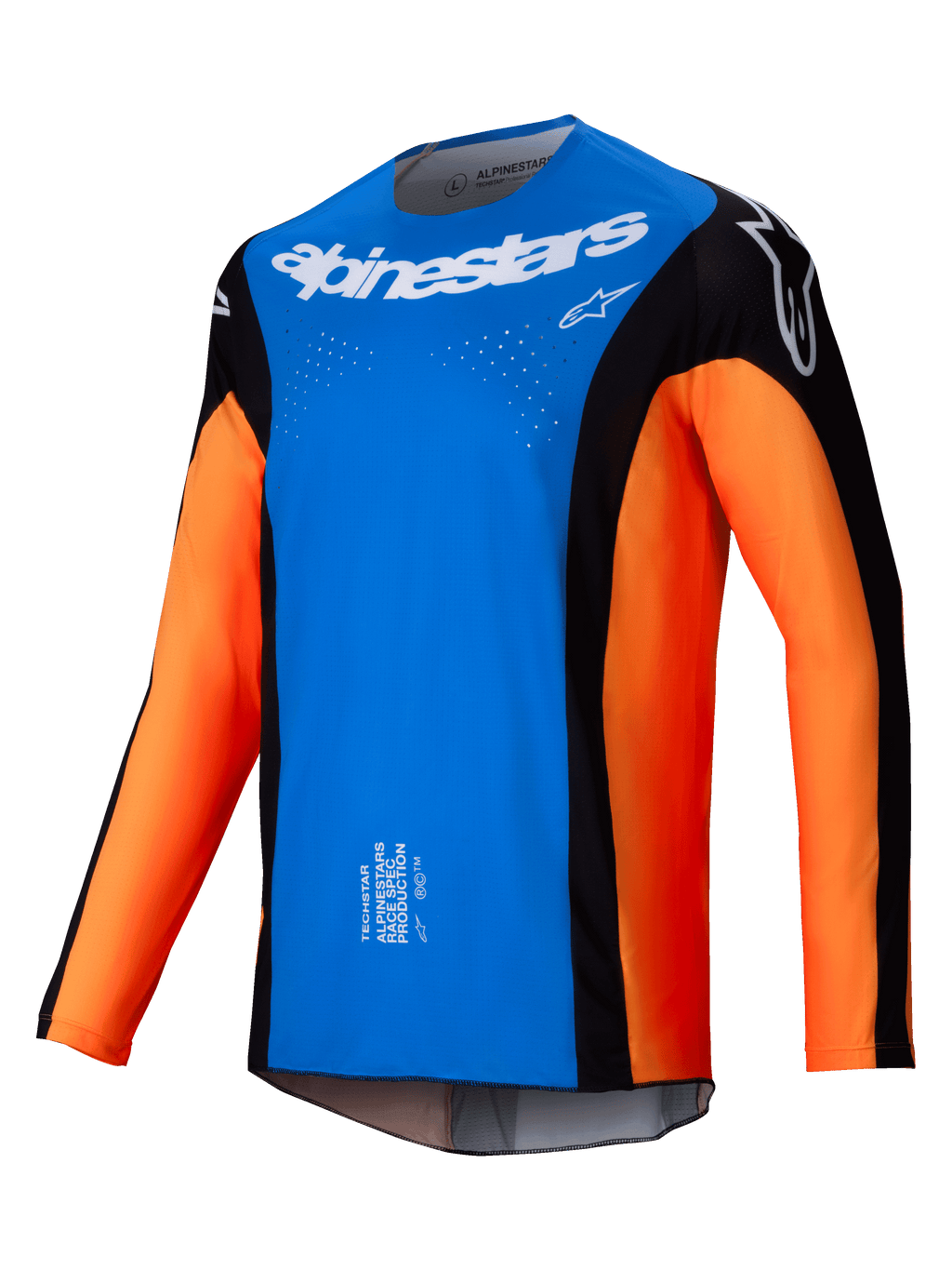 Alpinestars 2025 Techstar Melt Jersey, Motocross Jersey, Bright Blue and Orange with Black panels, white Alpinestars logo on chest, laser-cut ventilation holes, technical long-sleeve design for off-road racing