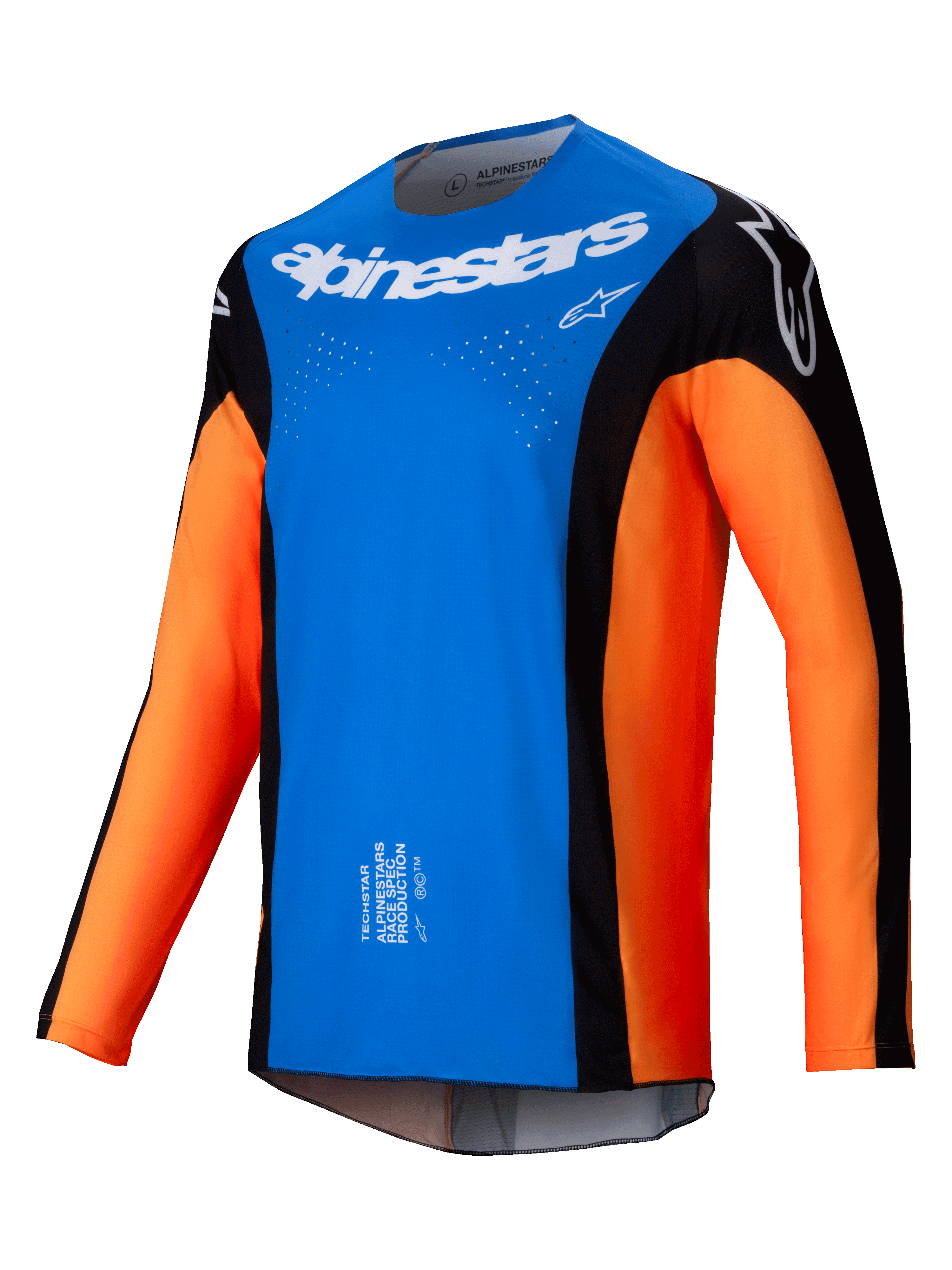 Alpinestars 2025 Techstar Melt Jersey, Motocross Jersey, Bright Blue and Orange with Black panels, white Alpinestars logo on chest, laser-cut ventilation holes, technical long-sleeve design for off-road racing