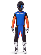 Alpinestars 2025 Techstar Melt Gear Set, Motocross rider wearing orange and blue jersey with black accents, matching pants, black helmet with blue goggles, white and black boots, coordinated outfit for professional off-road racing.