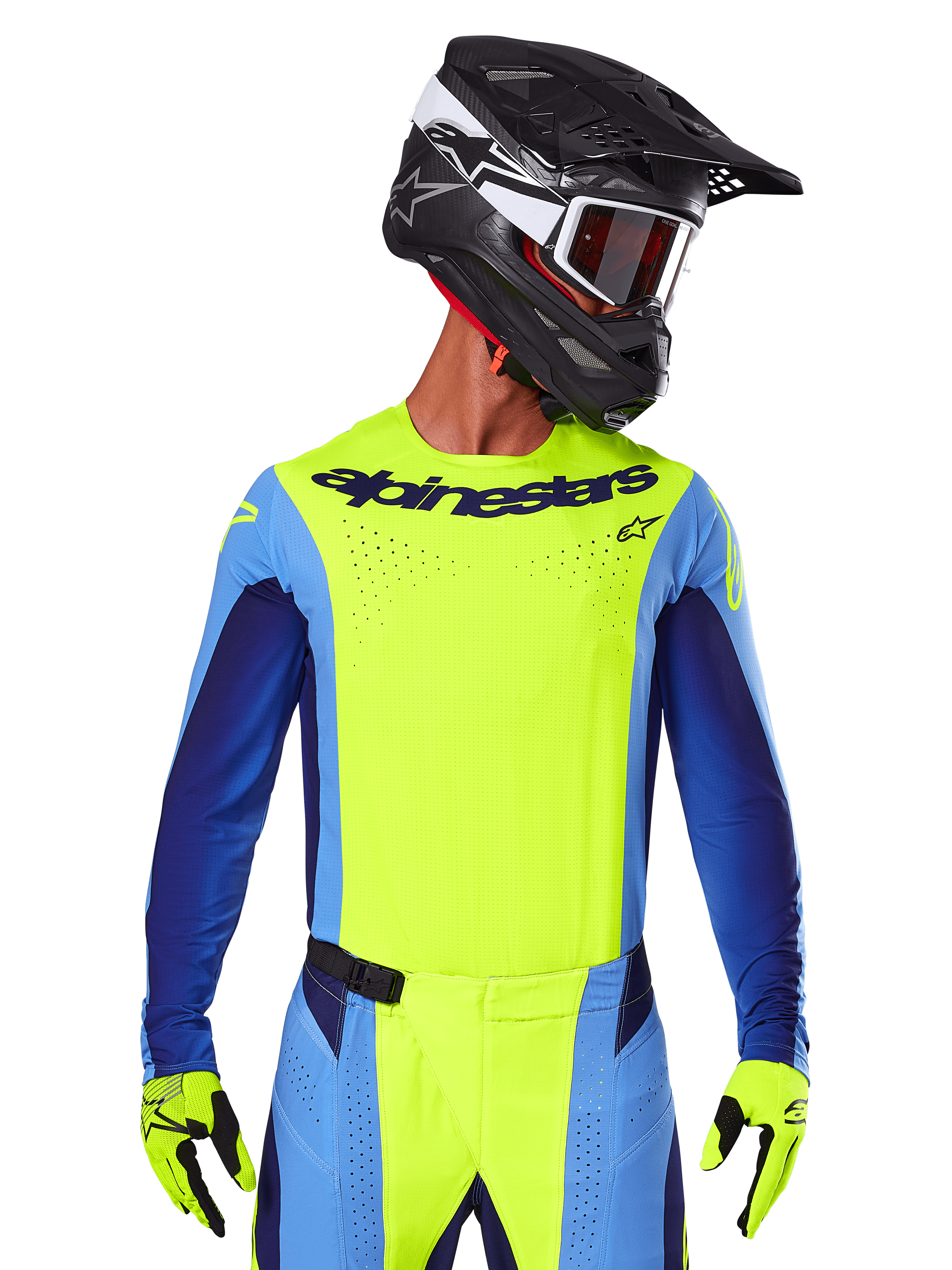 2025 Techstar Melt Jersey, Motocross Racing Jersey, Yellow Fluo and Blue, featuring laser-cut ventilation and athletic race fit, worn by a rider with a black helmet and yellow fluo gloves