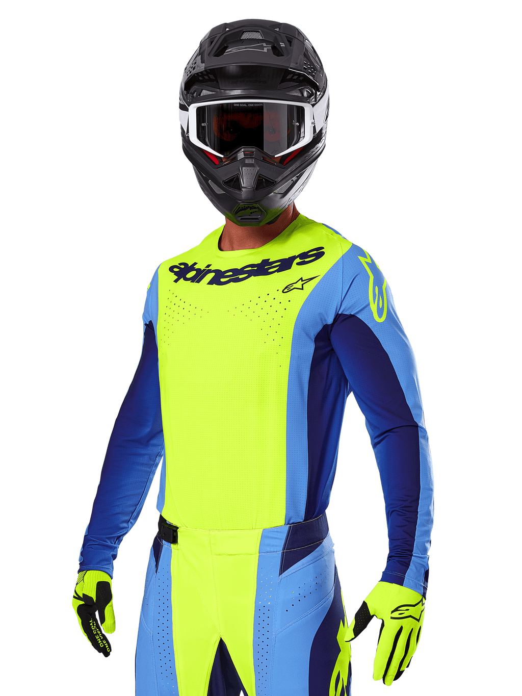Alpinestars 2025 Techstar Melt Gear Set, Motocross rider wearing a bright yellow and blue jersey with matching pants, black helmet with white and black goggles, yellow gloves, coordinated off-road racing outfit with bold Alpinestars branding and perforated details