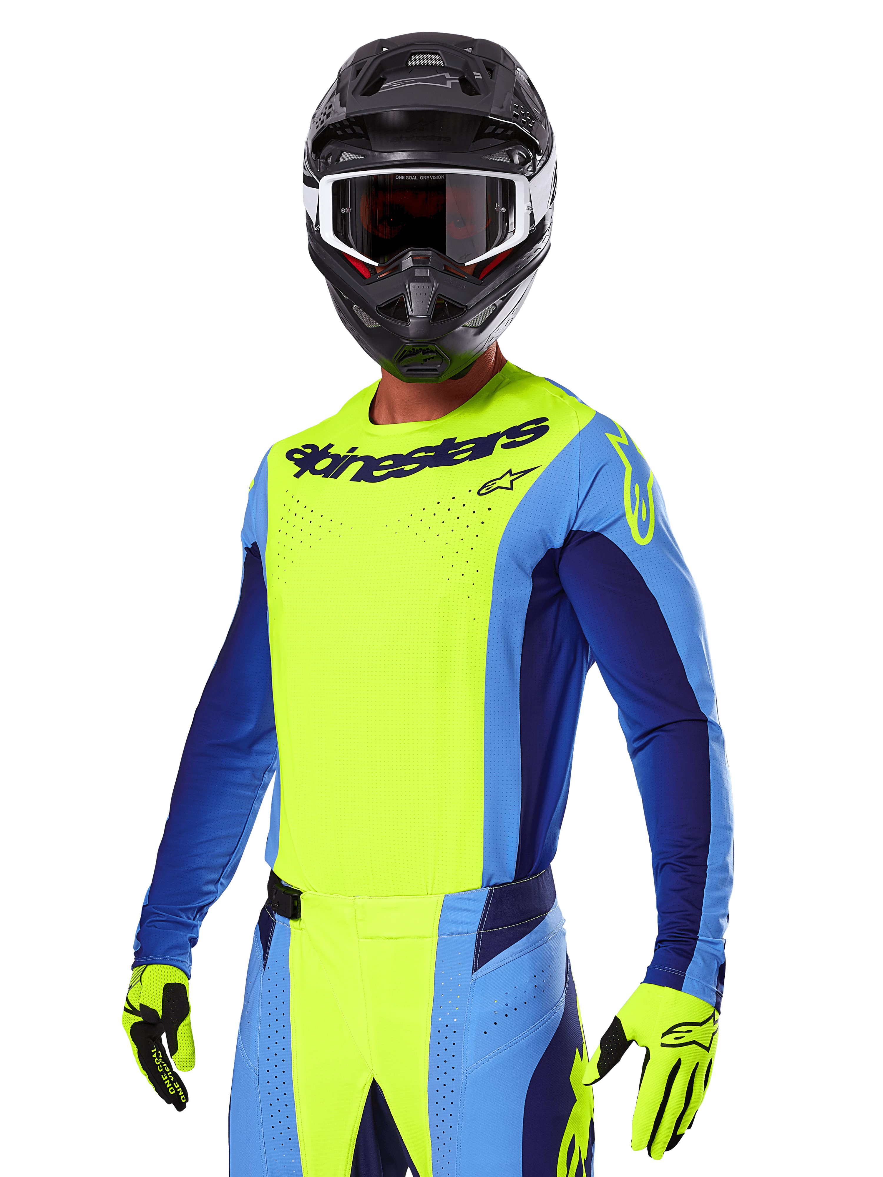 Alpinestars 2025 Techstar Melt Gear Set, Motocross rider wearing a bright yellow and blue jersey with matching pants, black helmet with white and black goggles, yellow gloves, coordinated off-road racing outfit with bold Alpinestars branding and perforated details