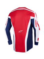 Alpinestars 2026 Racer Riway Jersey, Motocross Jersey, White Blue Red, back view showing a large red center panel with white angular accents, blue side panels, and white sleeves with red astars branding, featuring a small white Alpinestars logo in the center.