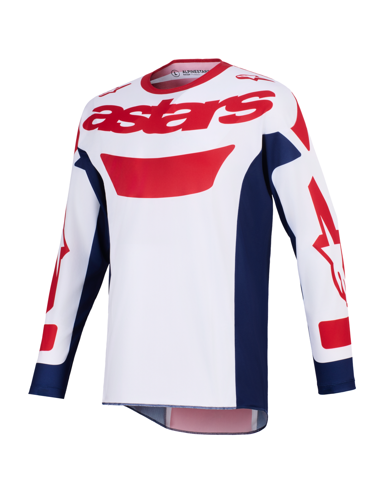 Alpinestars 2026 Racer Riway Jersey, Motocross Jersey, White Blue and Red, red astars logo on chest, navy blue side panels, long sleeves with red graphics, performance off-road riding gear