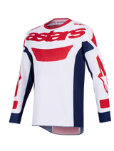 Alpinestars 2026 Racer Riway Jersey, Motocross Jersey, White Blue and Red, red astars logo on chest, navy blue side panels, long sleeves with red graphics, performance off-road riding gear