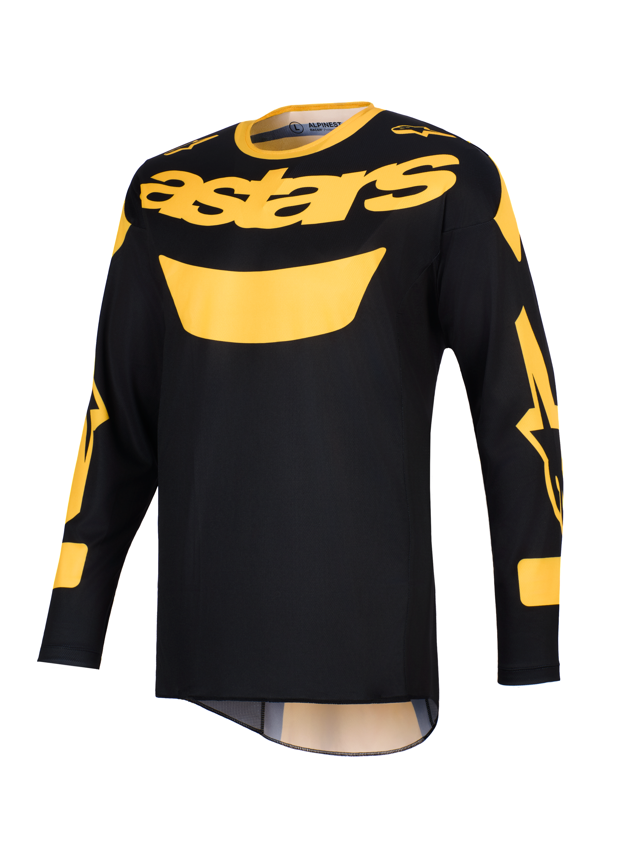 Alpinestars 2026 Racer Riway Jersey, Motocross Jersey, Yellow and Black, featuring a bold yellow 'astars' logo on the chest, long sleeves with graphic accents, and a lightweight polyfabric construction for off-road riding.