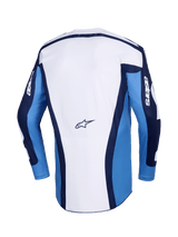 Alpinestars 2026 Racer Riway Jersey, Motocross Jersey, UCLA Blue and White, back view featuring a white main panel with blue sleeves and navy blue accents, small Alpinestars logo on the lower back, athletic fit for off-road racing