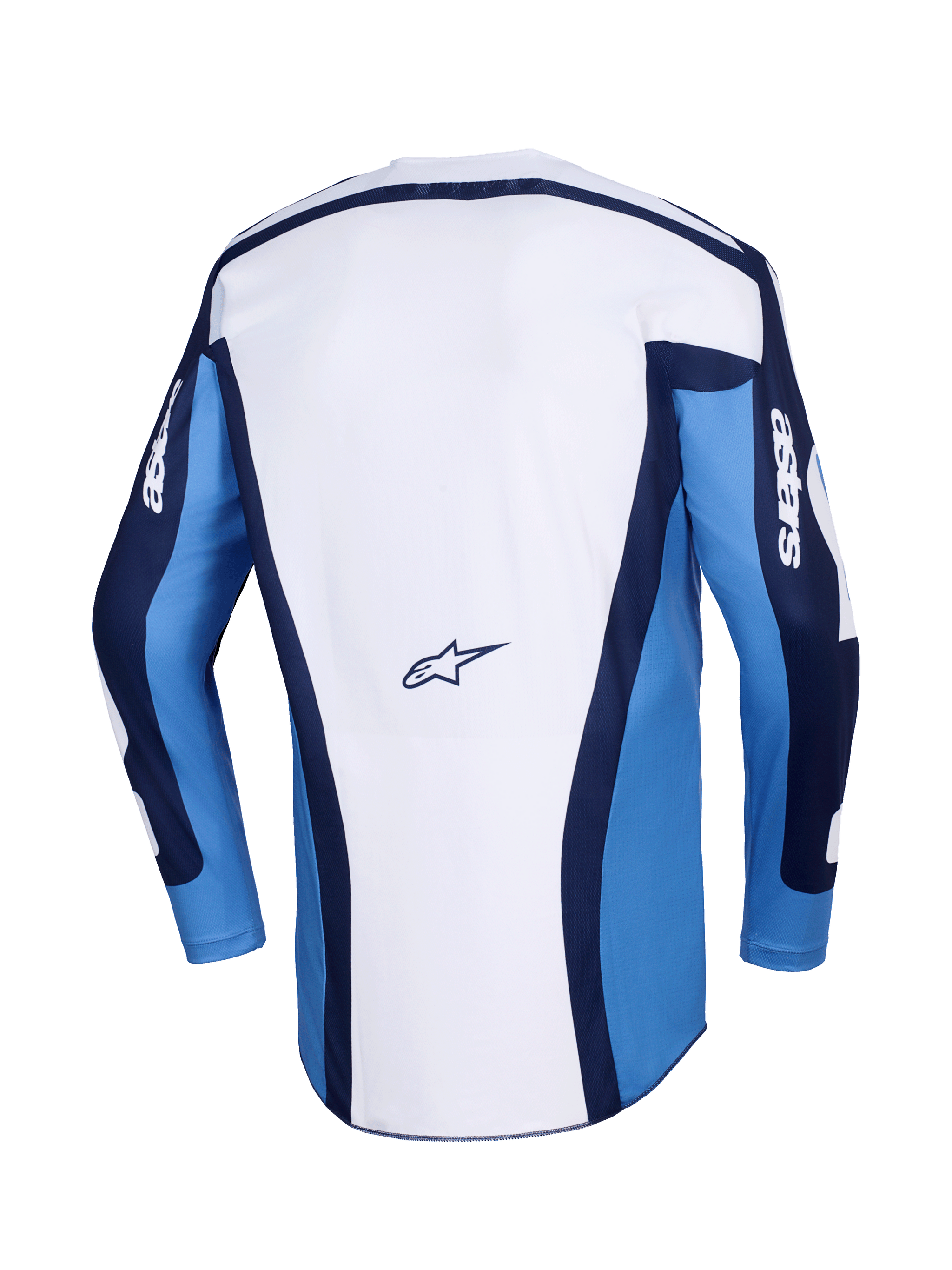 Alpinestars 2026 Racer Riway Jersey, Motocross Jersey, UCLA Blue and White, back view featuring a white main panel with blue sleeves and navy blue accents, small Alpinestars logo on the lower back, athletic fit for off-road racing