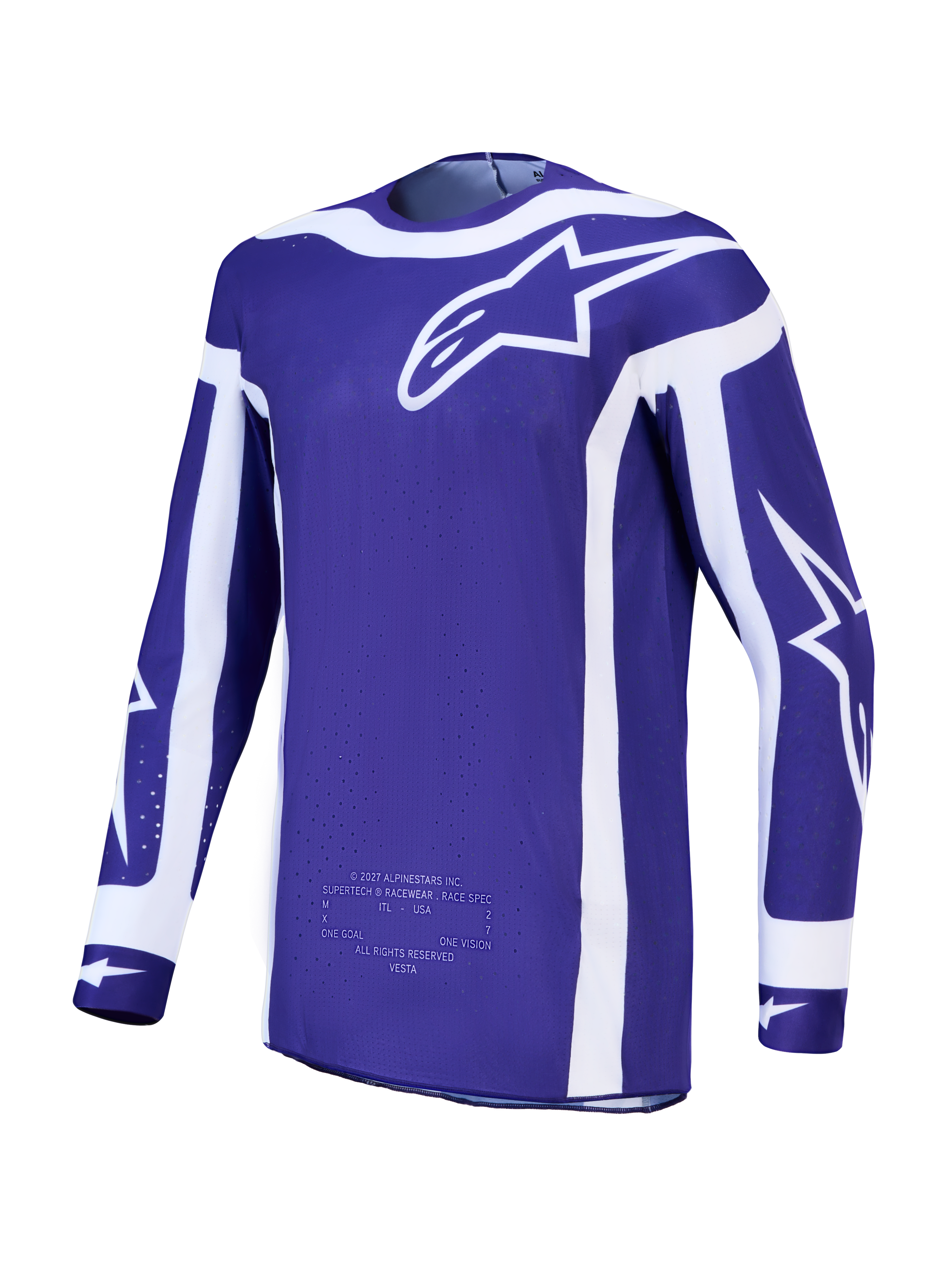 Alpinestars Supertech Vesta Jersey, Men's Deep Blue and White motocross racing jersey with lightweight stretch mesh.
