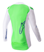 Alpinestars 2023 Supertech Risen Jersey, Motocross Jersey, White and Green Fluo with Blue Ray accents, back view highlighting breathable stretch mesh and extended rear panel for coverage, lightweight performance gear for off-road racing
