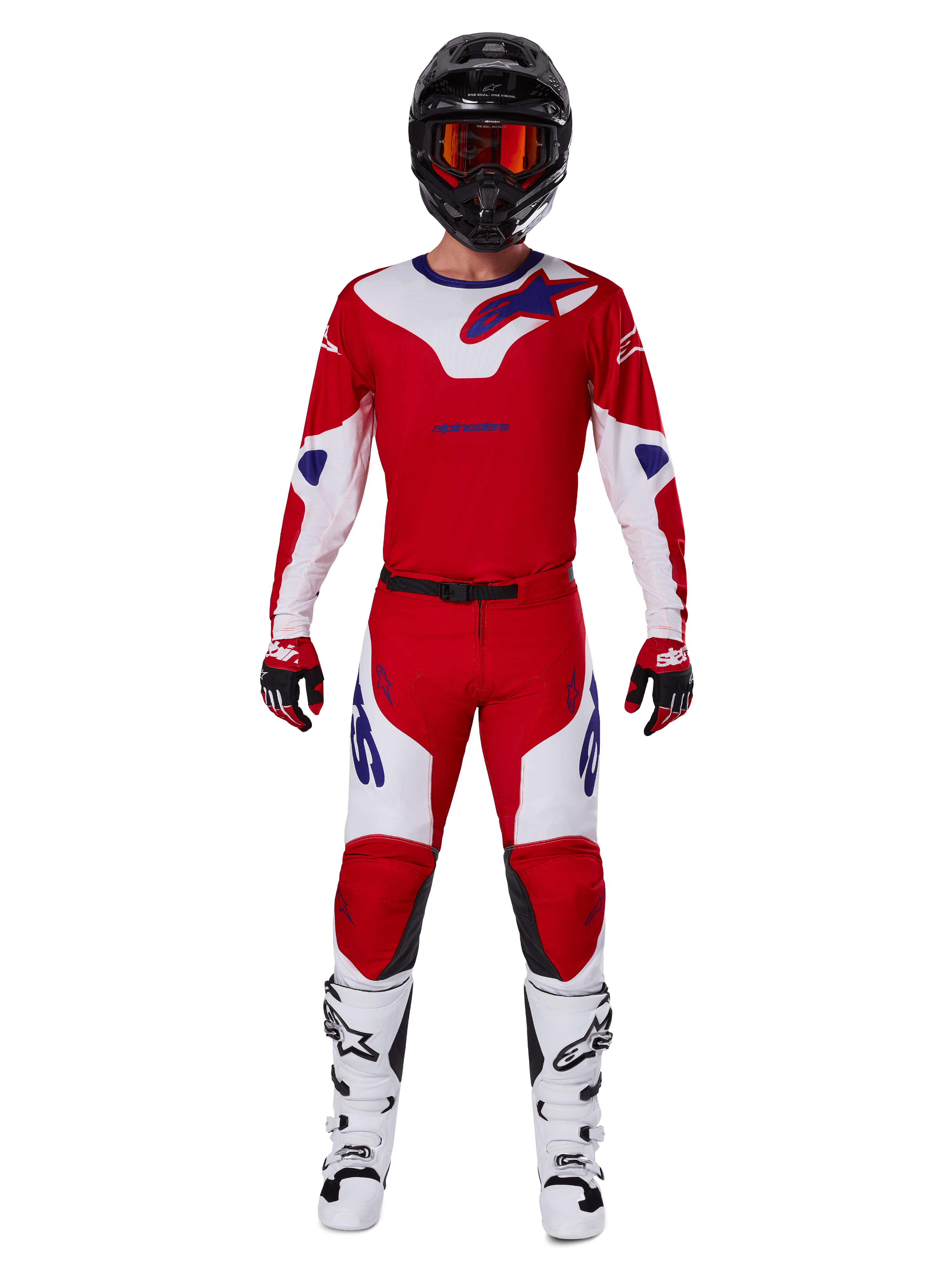 Motocross rider wearing the Alpinestars 2025 Racer Veil Gear Set, Bright Red and White jersey and pants with blue accents, black helmet with red goggles, white boots, and red and black gloves, coordinated outfit for off-road racing