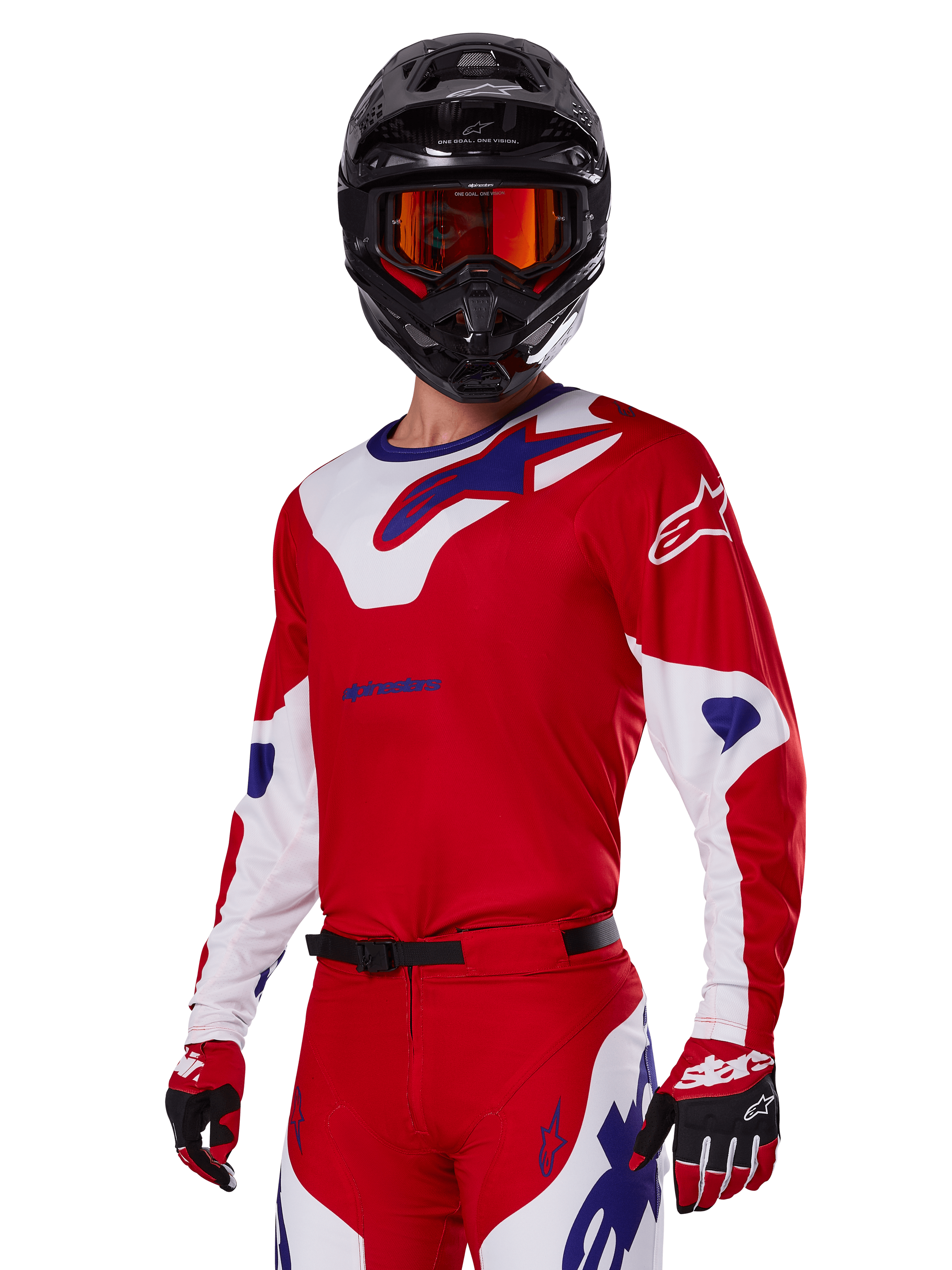 Alpinestars 2025 Racer Veil Gear Set, Motocross rider wearing red, white, and blue racing jersey and pants, black helmet with orange mirrored goggles, red and white gloves, performance off-road gear with bold branding