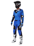 Alpinestars 2025 Racer Veil Gear Set, Blue and Black Motocross Jersey and Pants, complete MX racing outfit with black helmet, white goggles, and white boots, technical off-road gear