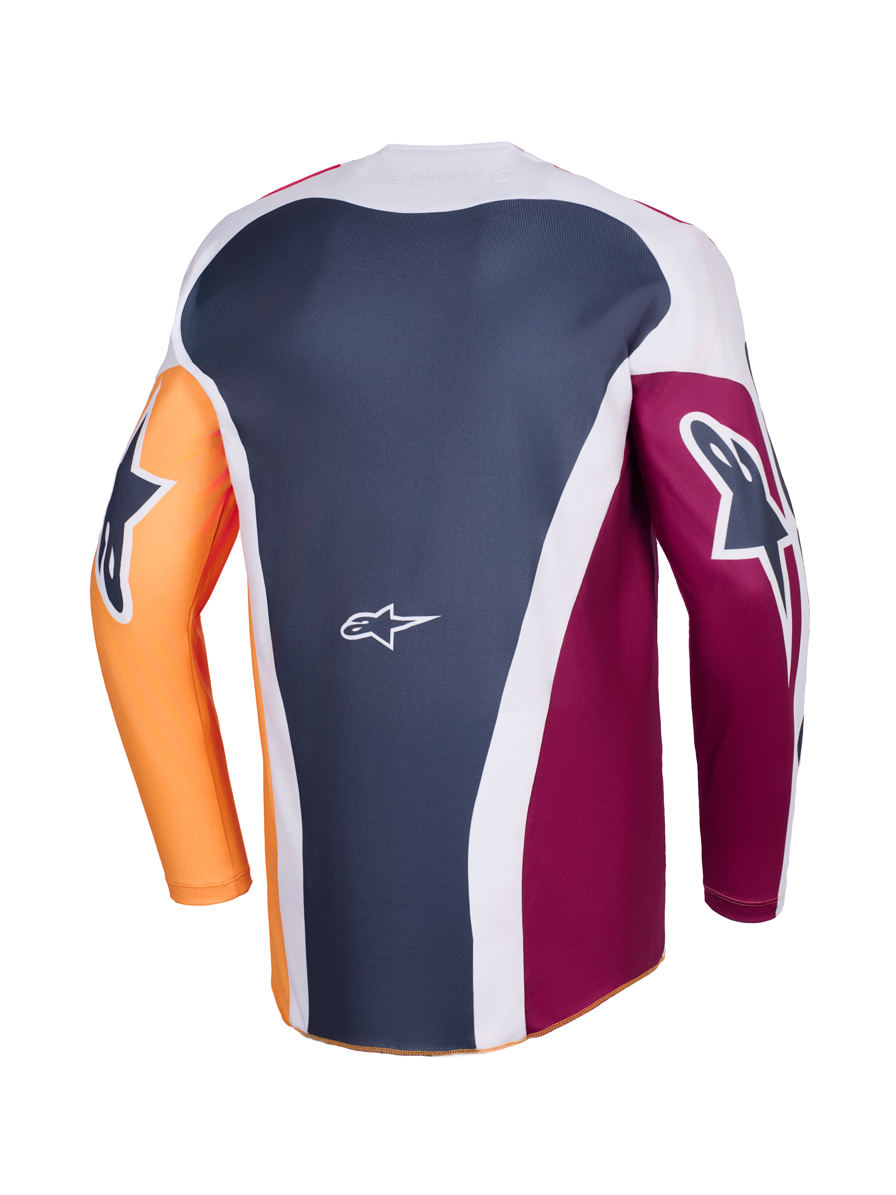 Alpinestars 2026 Racer Portl Jersey, Motocross Jersey, Red Orange and Dark Gray, rear view showing multi-panel construction, white Alpinestars logo on lower back, bold graphic logos on long sleeves, performance gear for off-road racing