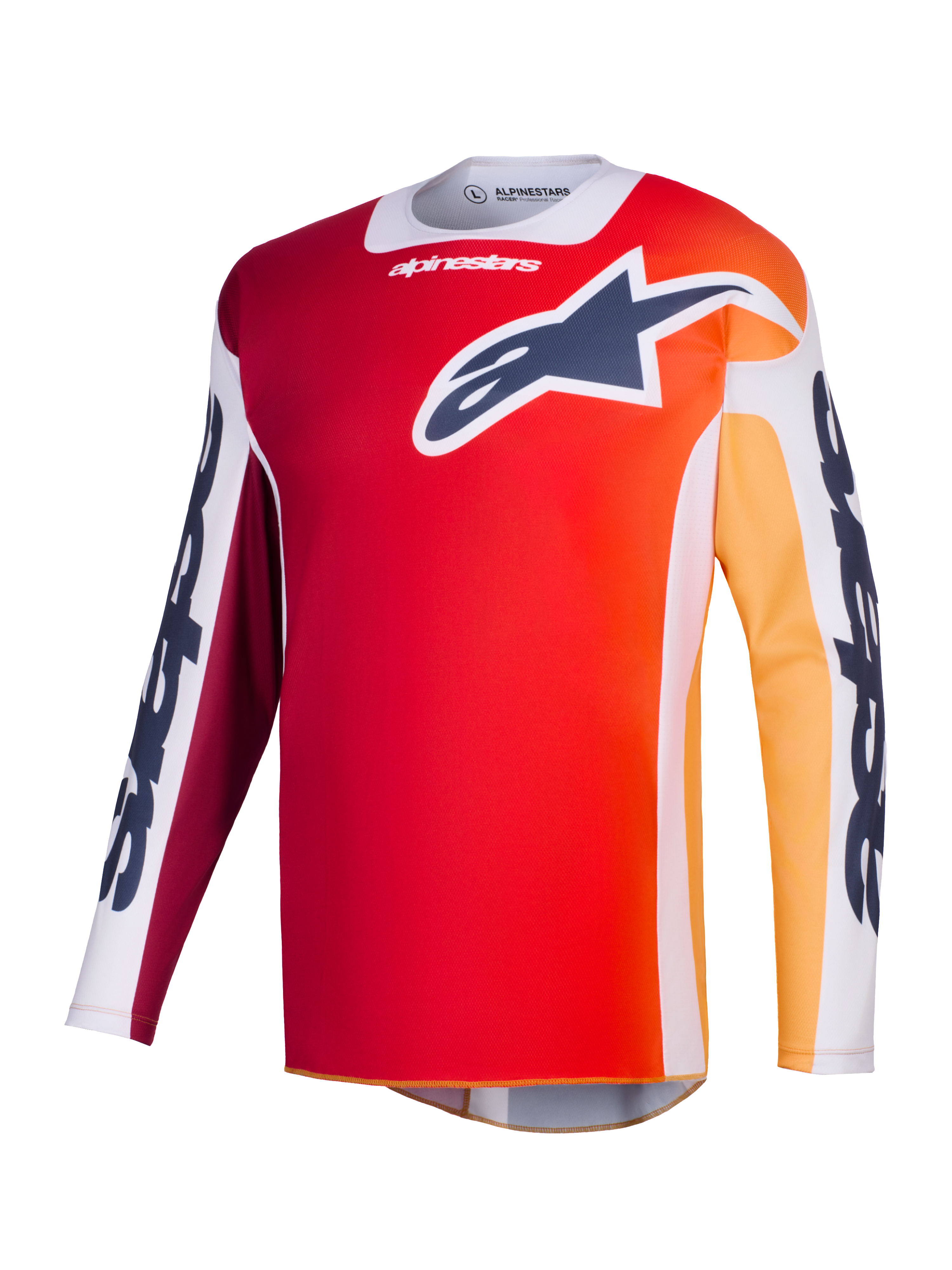 Alpinestars 2026 Racer Portl Jersey, Motocross Jersey, Red with Orange and Yellow gradient, Navy Astar logo on chest, White sleeve panels with bold Alpinestars branding, technical performance gear for off-road racing