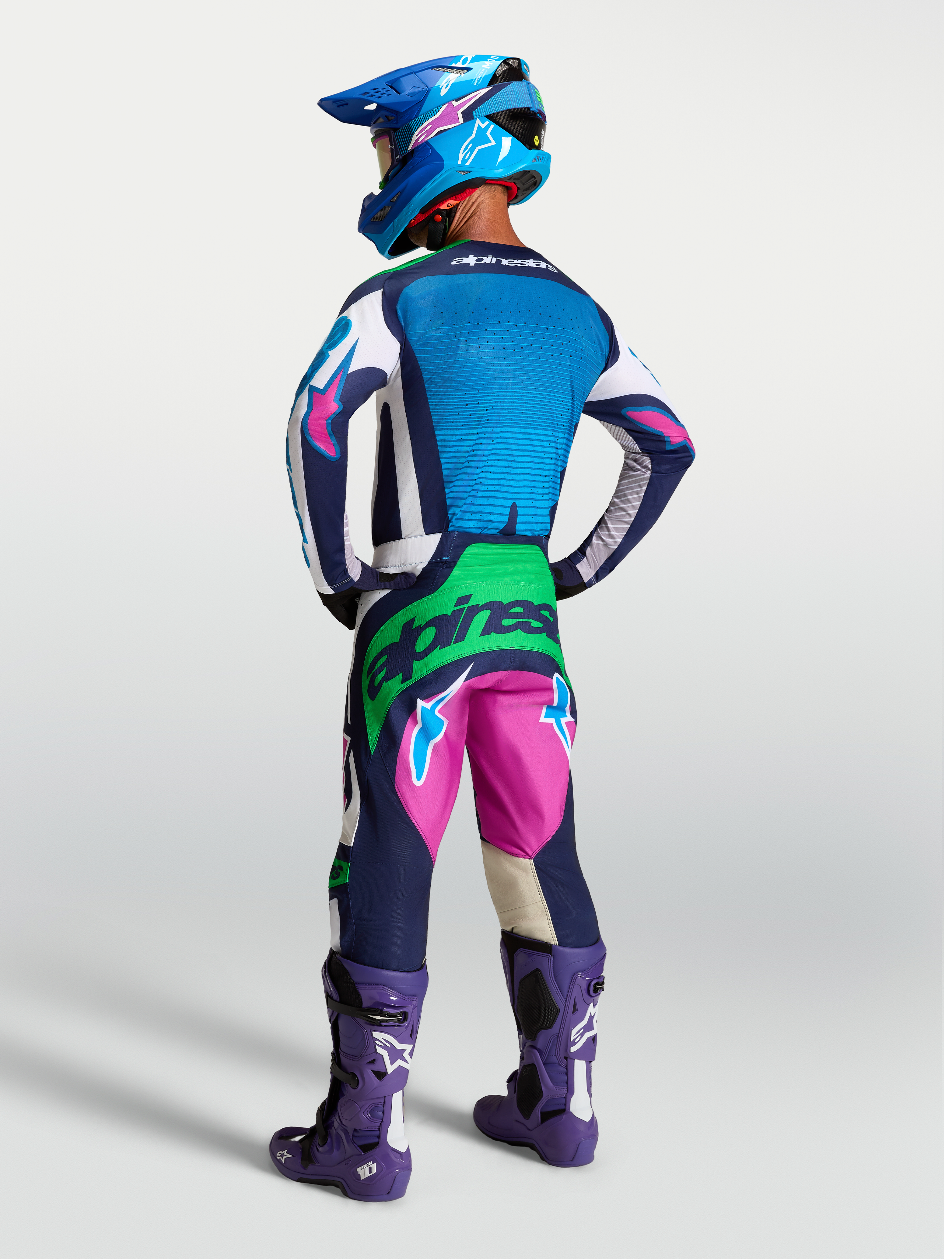 Alpinestars Techstar Maven Jersey, blue and white motocross jersey with athletic fit and laser-cut ventilation.