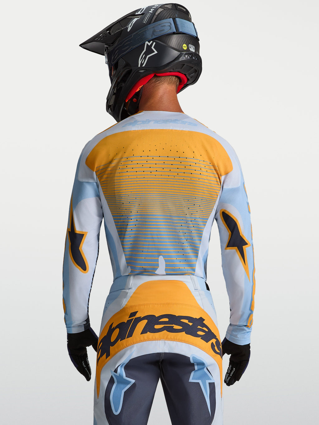 Alpinestars Techstar Maven Jersey, Men's Motocross Jersey, Dust Blue and Tangerine, back view with laser-cut ventilation.