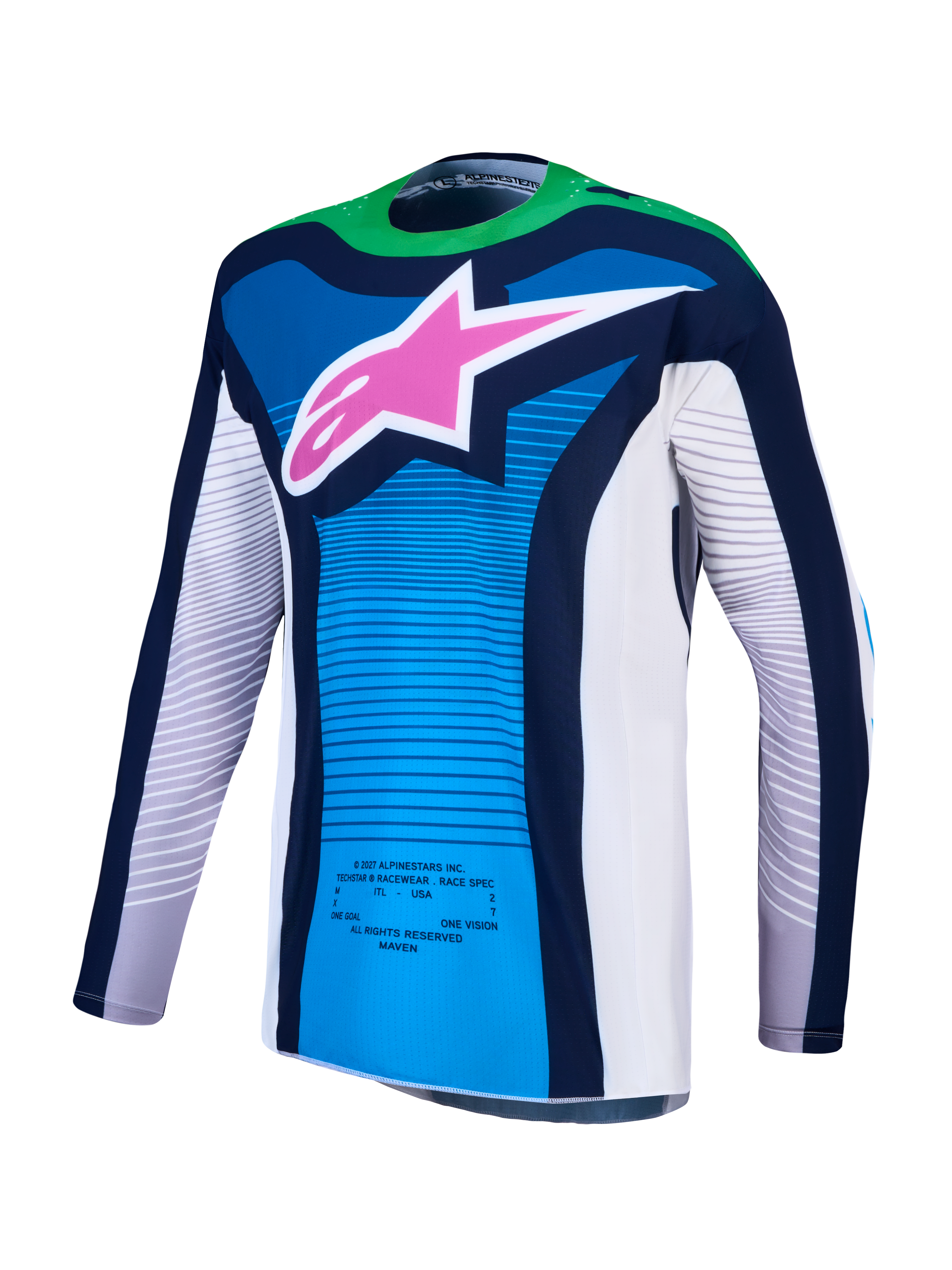 Alpinestars Techstar Maven Jersey, blithe blue and green fluo motocross jersey, featuring an athletic race fit, moisture-wicking stretch textile, and laser-cut ventilation.