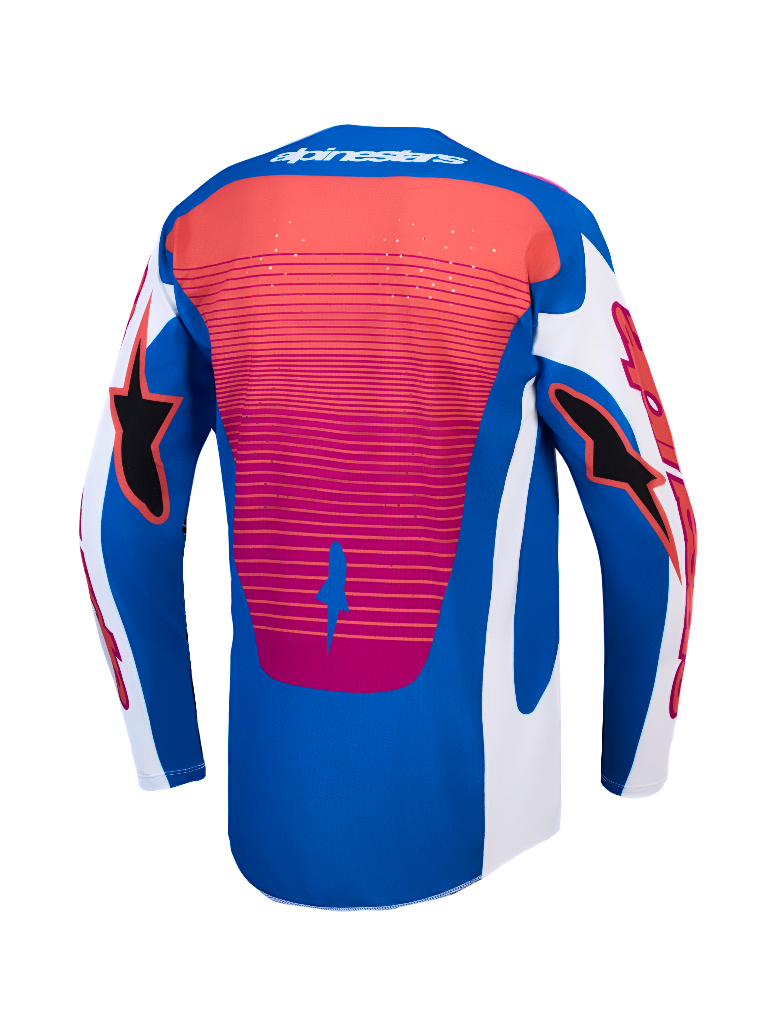 Alpinestars Techstar Maven Jersey, blue and white motocross racing jersey with coral accents and an extended rear hem.