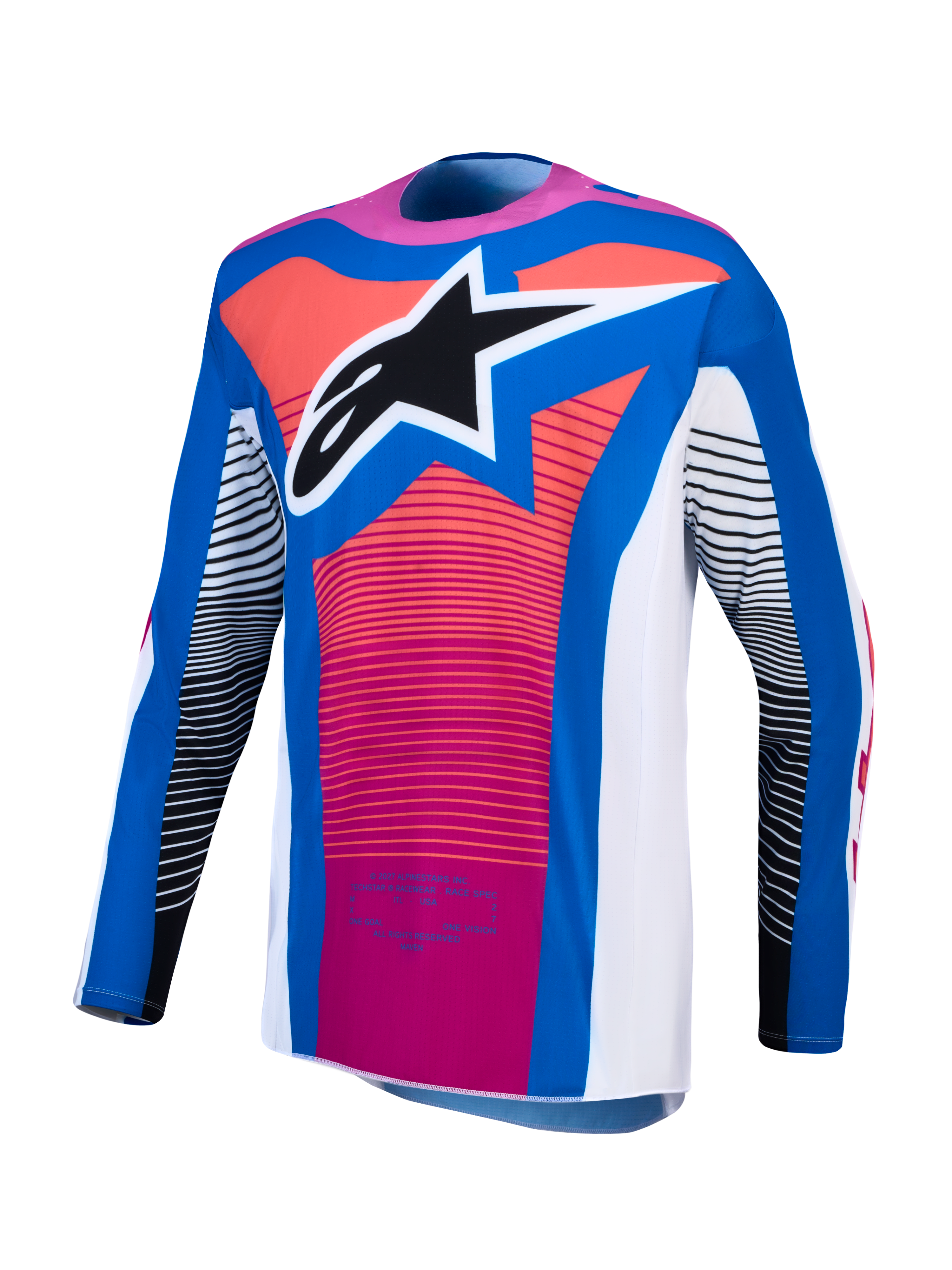 Alpinestars Techstar Maven Motocross Jersey for men features athletic race fit in blue, hot coral, and white with logo.