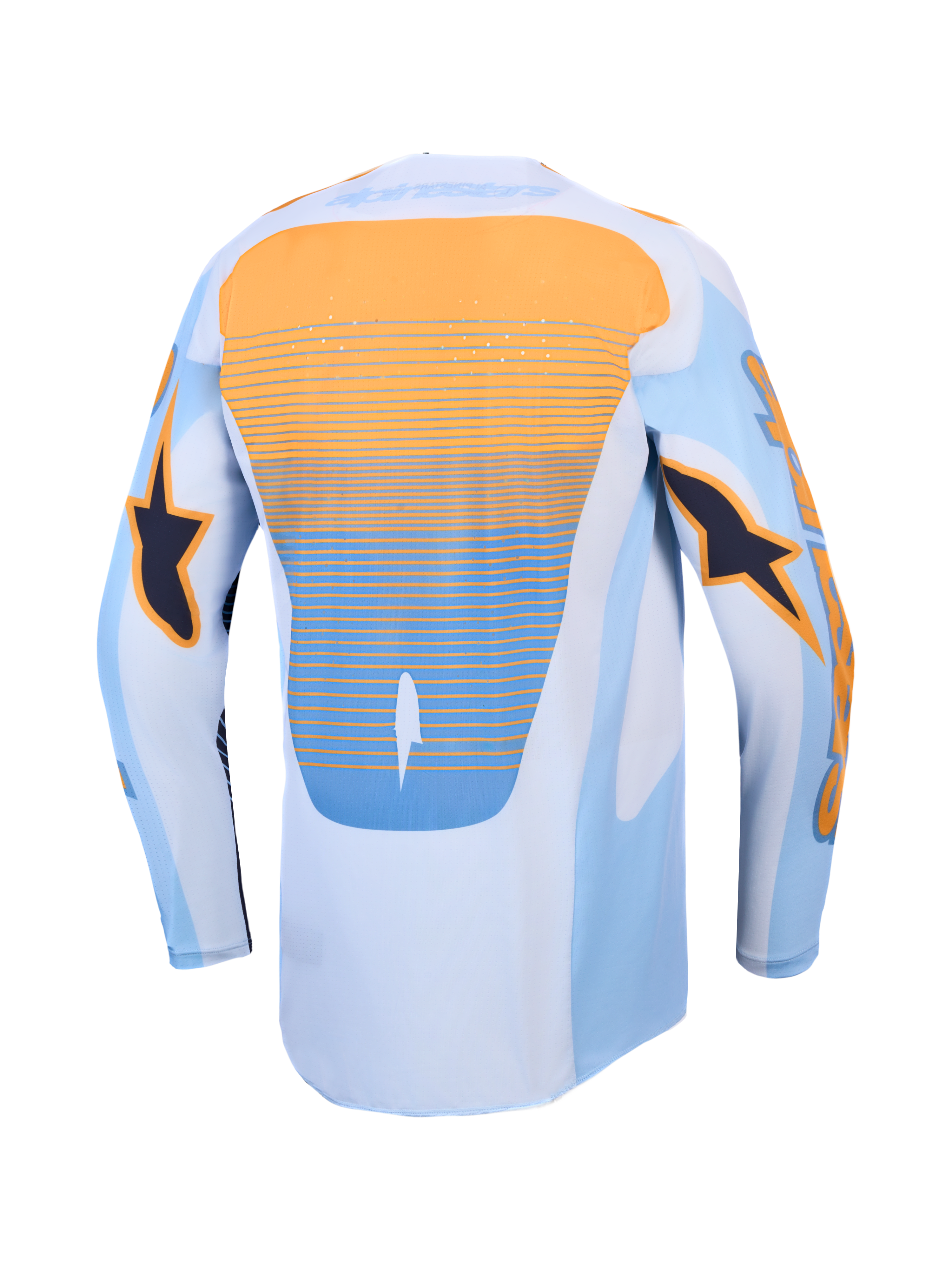 Alpinestars Techstar Maven Jersey, blue and tangerine motocross racing jersey with laser-cut ventilation and dropped tail.