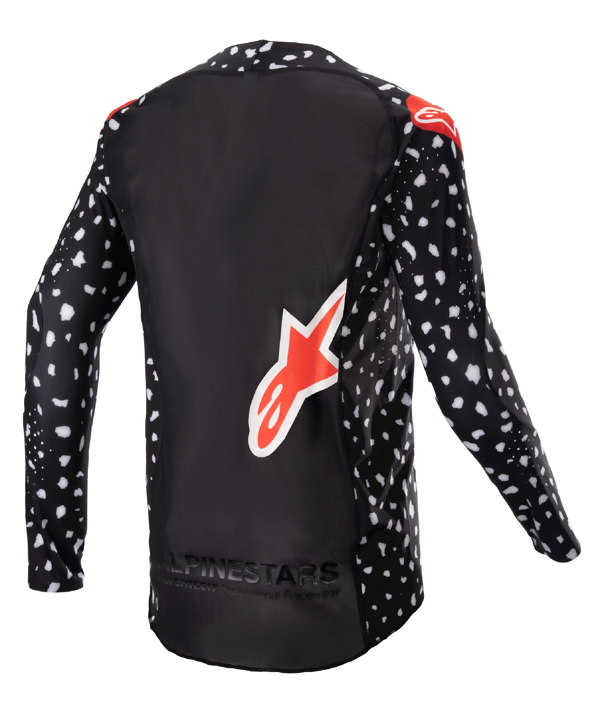 Alpinestars 2023 Supertech North Jersey, Motocross Jersey, Black with white speckled pattern and Neon Red accents, back view featuring large red Alpinestars logo and bottom branding, professional-level off-road racing gear.