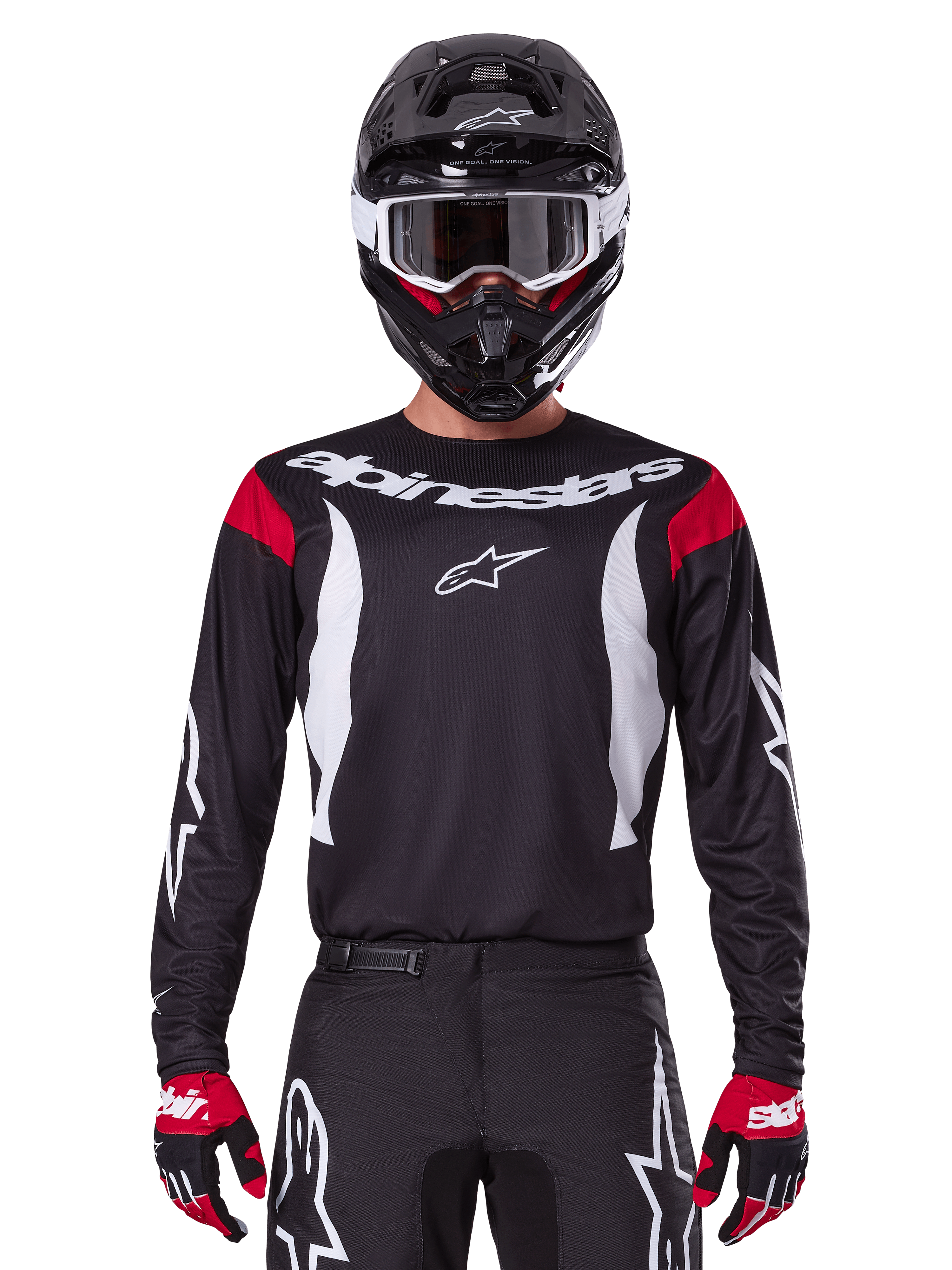 Alpinestars 2025 Fluid Haul Jersey and Gear Set for men, black and white motocross outfit with red accents.