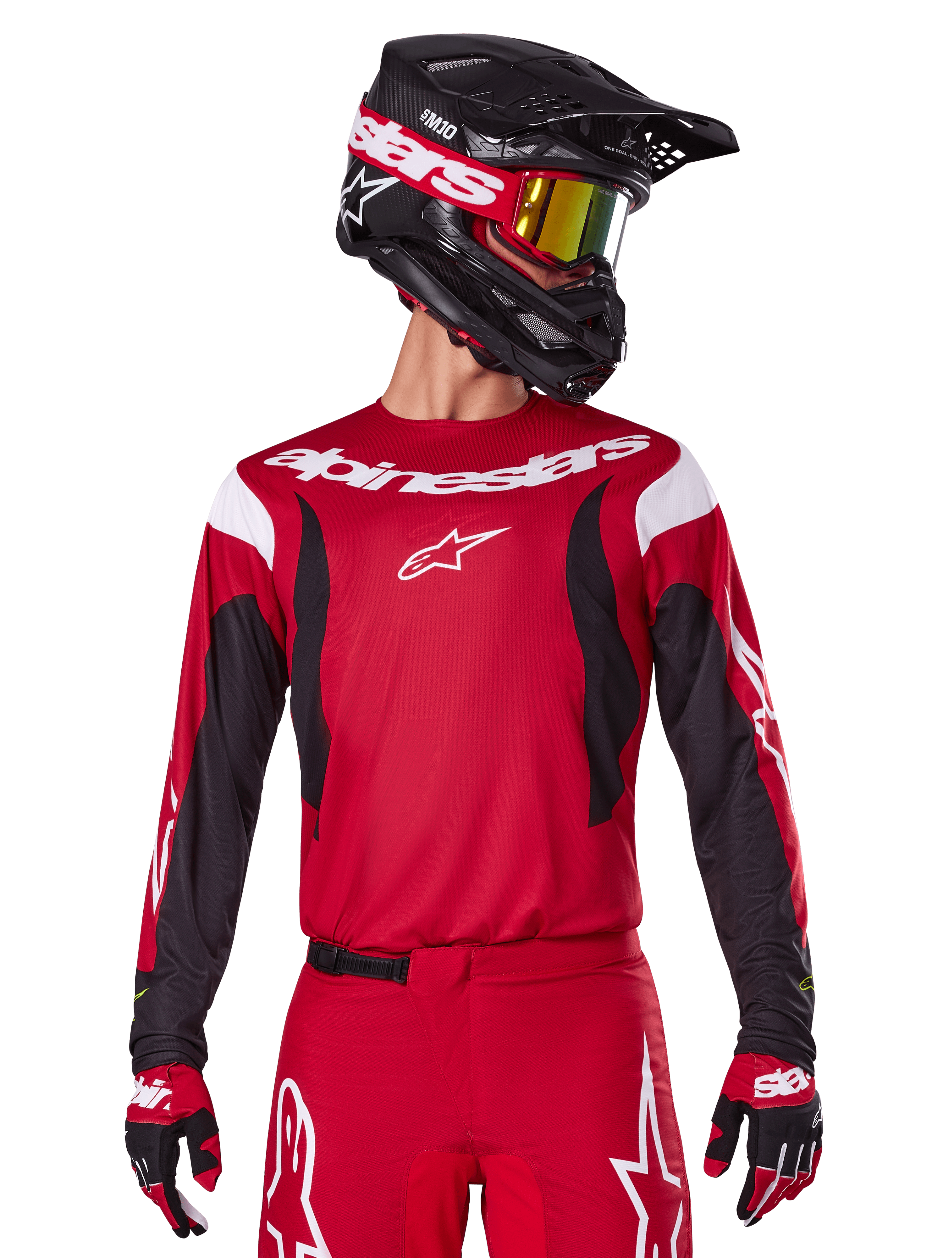Alpinestars 2025 Fluid Haul Jersey, Motocross Jersey, Bright Red and Black, worn as part of a complete gear set with matching pants and gloves, black helmet with yellow lens goggles, white branding and logos, high-performance off-road racing apparel