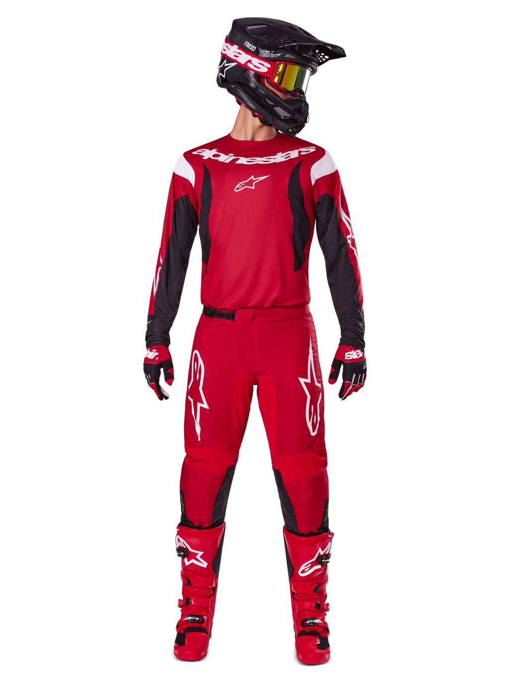 Alpinestars 2025 Fluid Haul Gear Set, Motocross racing outfit in Bright Red and Black, featuring a red jersey with black sleeves and white branding, matching red pants with white star logos, black helmet with gold-tinted goggles, and red boots, complete gear for off-road riding