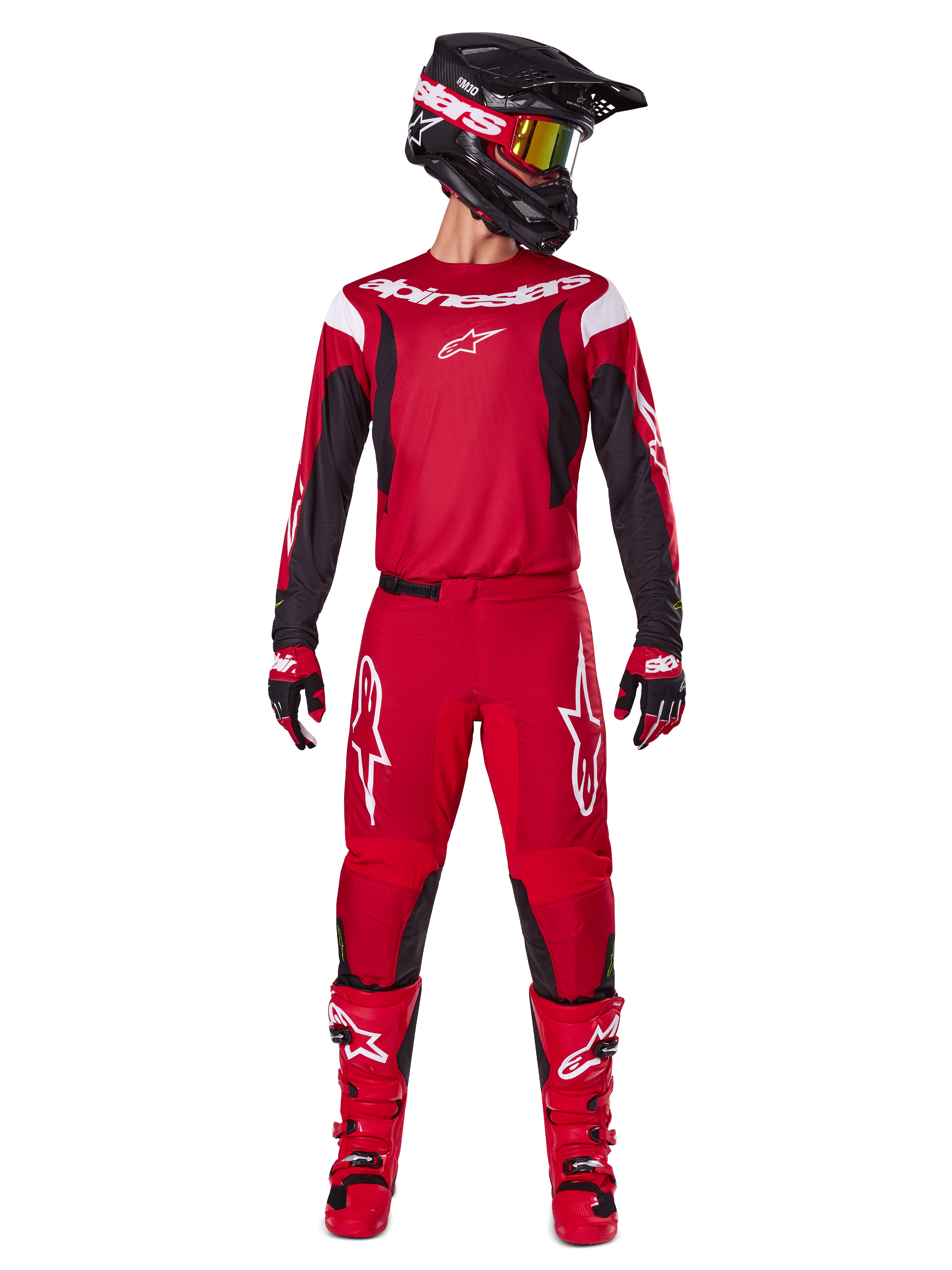 Alpinestars 2025 Fluid Haul Gear Set, Motocross racing outfit in Bright Red and Black, featuring a red jersey with black sleeves and white branding, matching red pants with white star logos, black helmet with gold-tinted goggles, and red boots, complete gear for off-road riding