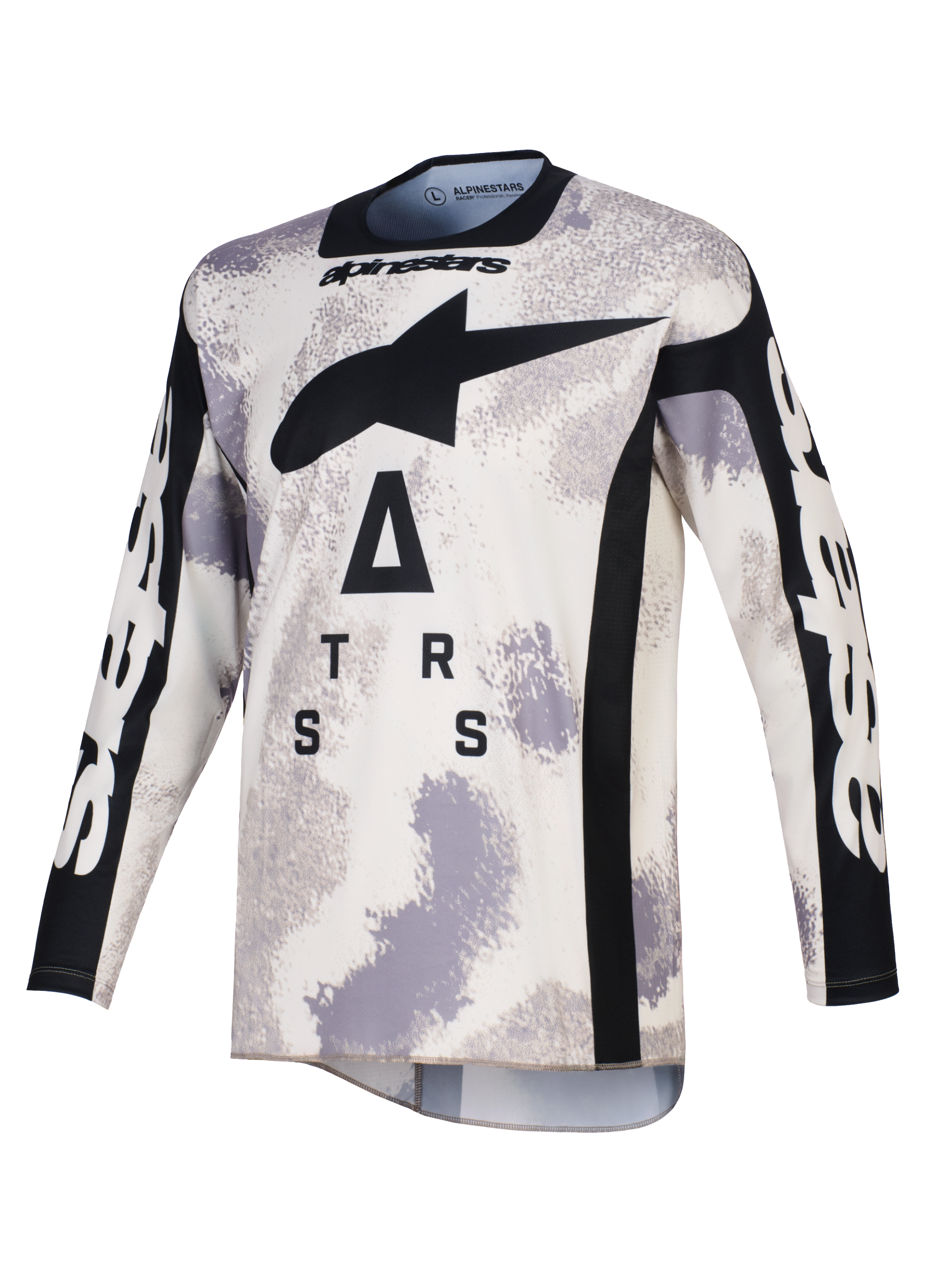 Alpinestars 2026 Racer Lahnd Jersey, Motocross Jersey, Sand Camo gray and white, featuring a large black A-star logo and stylized lettering on the chest, black crew neck and side panels, long sleeves with white branding, professional off-road racing apparel.