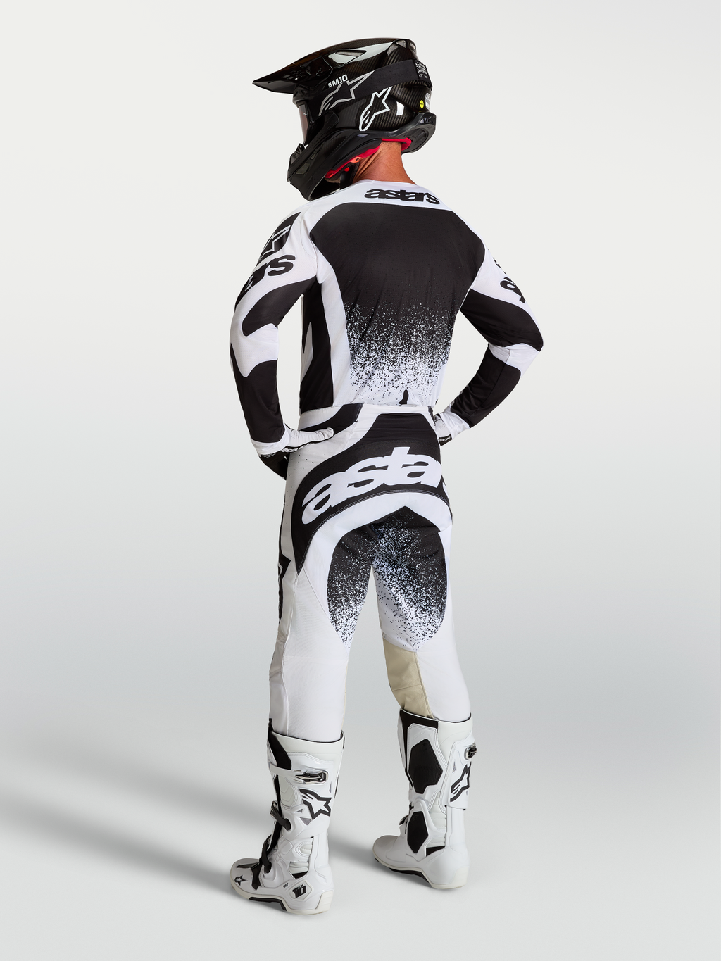 Alpinestars Techstar Swan Jersey and Gear Set, Motocross Racing Kit, Men, Black and White splatter graphics, rear view.